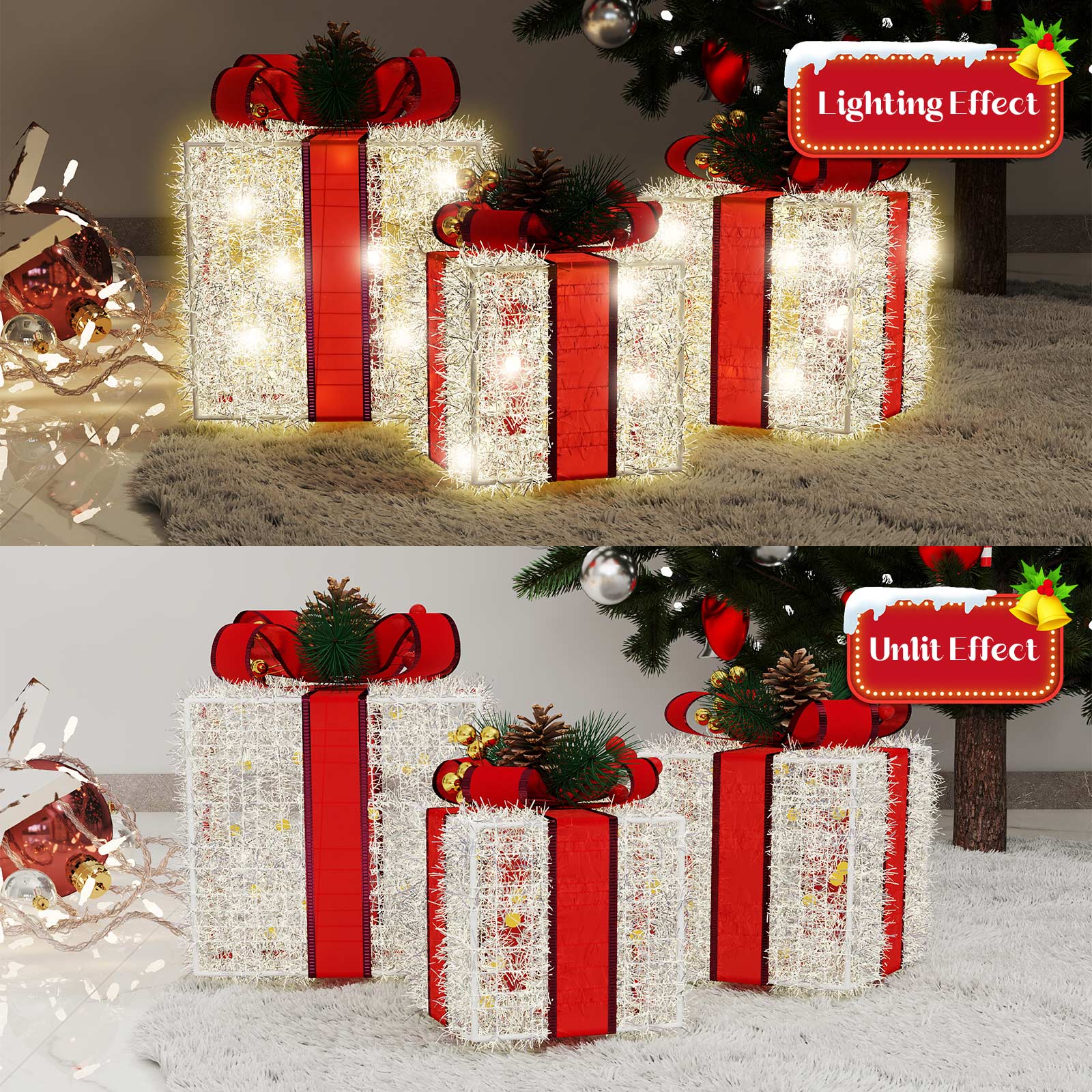 Christmas Lighted Boxes Decorations, Quntis 8 Modes 3 Lighted Boxes with Plug, Bows, Pine Cones, Gift Boxes Christmas Decorations for Christmas Tree Indoor/Outdoor