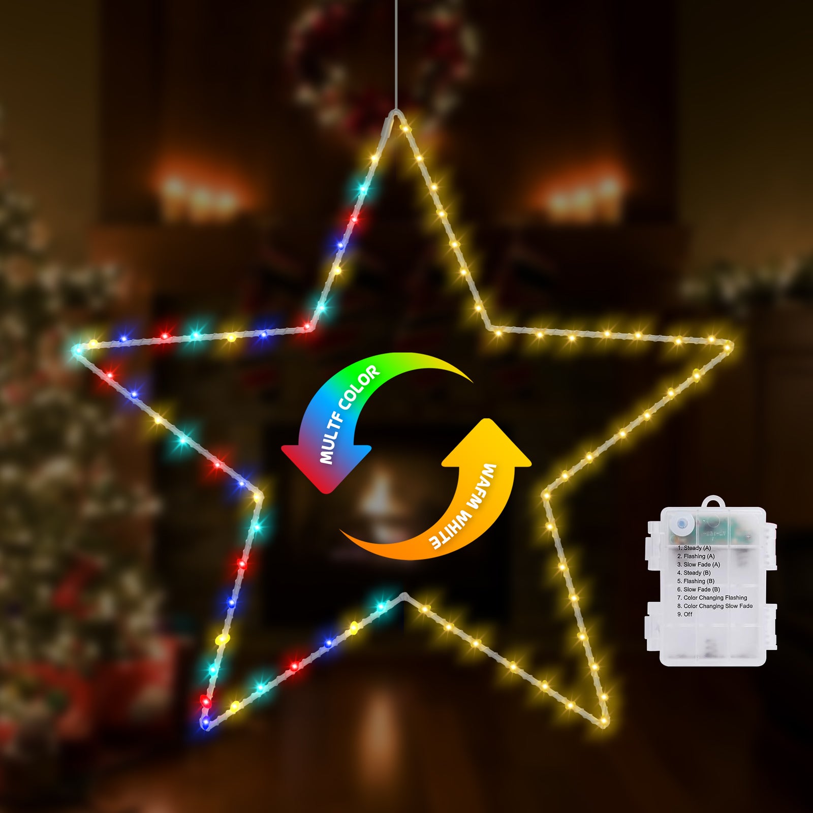 Quntis Luzes de Janela de Natal – Pacote de 2 com Luzes de Estrela que Mudam de Cor, Operadas a Bateria com Temporizador e 8 Modos para Decoração Interior/Exterior