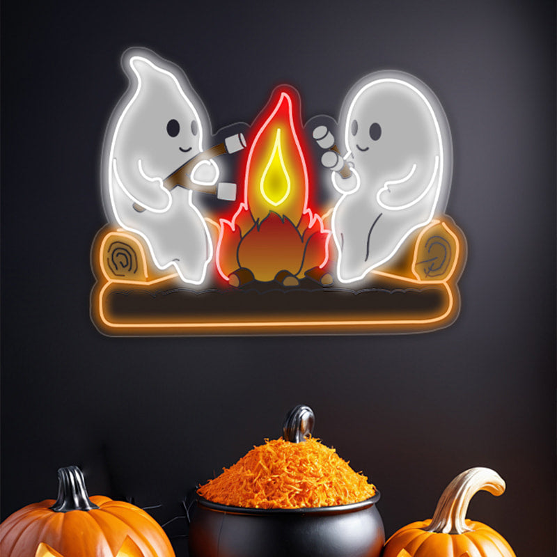 Ghosts by the Campfire Neon Sign – Cozy and Playful Halloween LED Decor with Marshmallow Toasting Ghosts