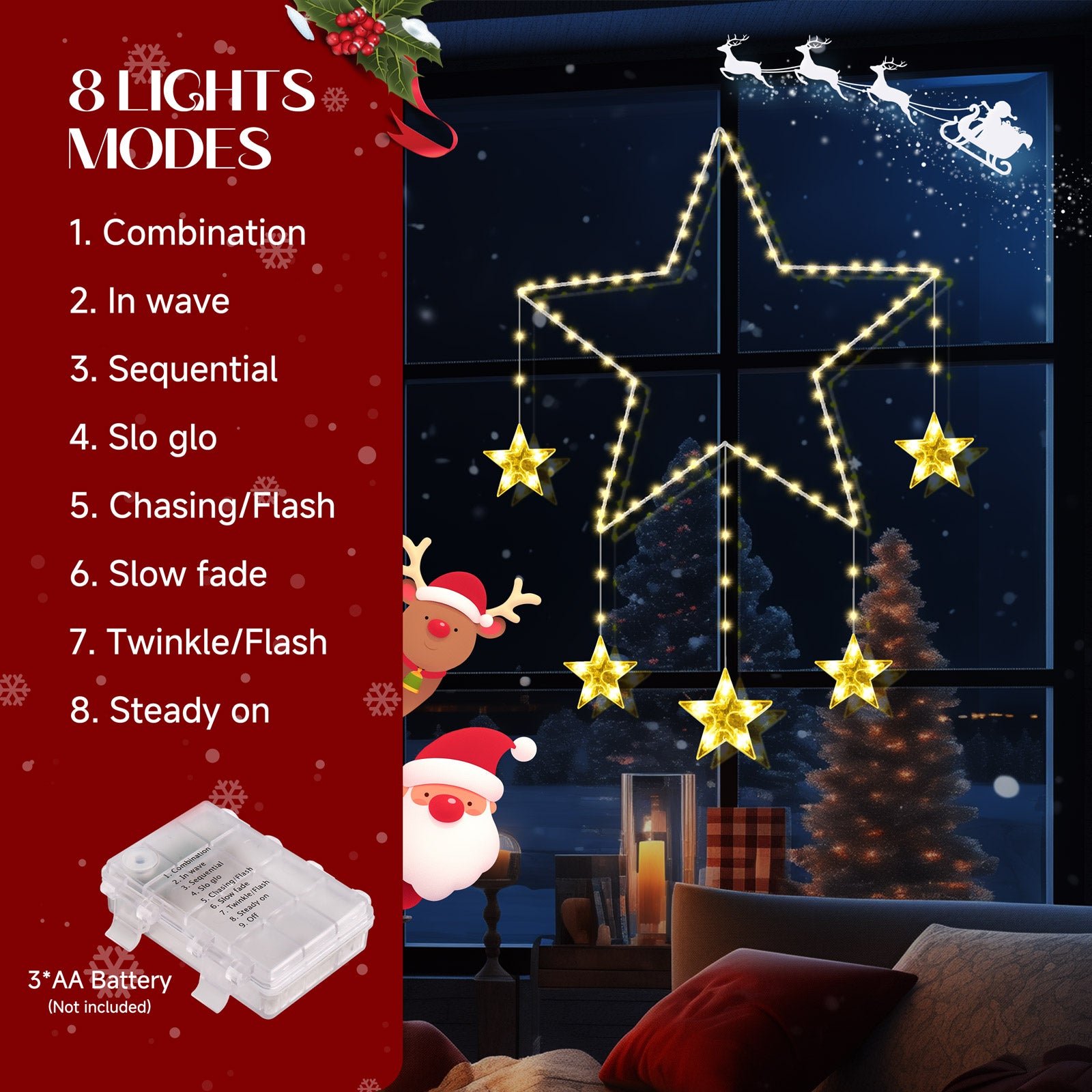 Quntis 2Pcs 37.5" Large Christmas Window Lights, 84LED 12 Stars, Battery Operated Twinkle Star Lights with Timer, 8 Modes, Warm White Xmas Decoration