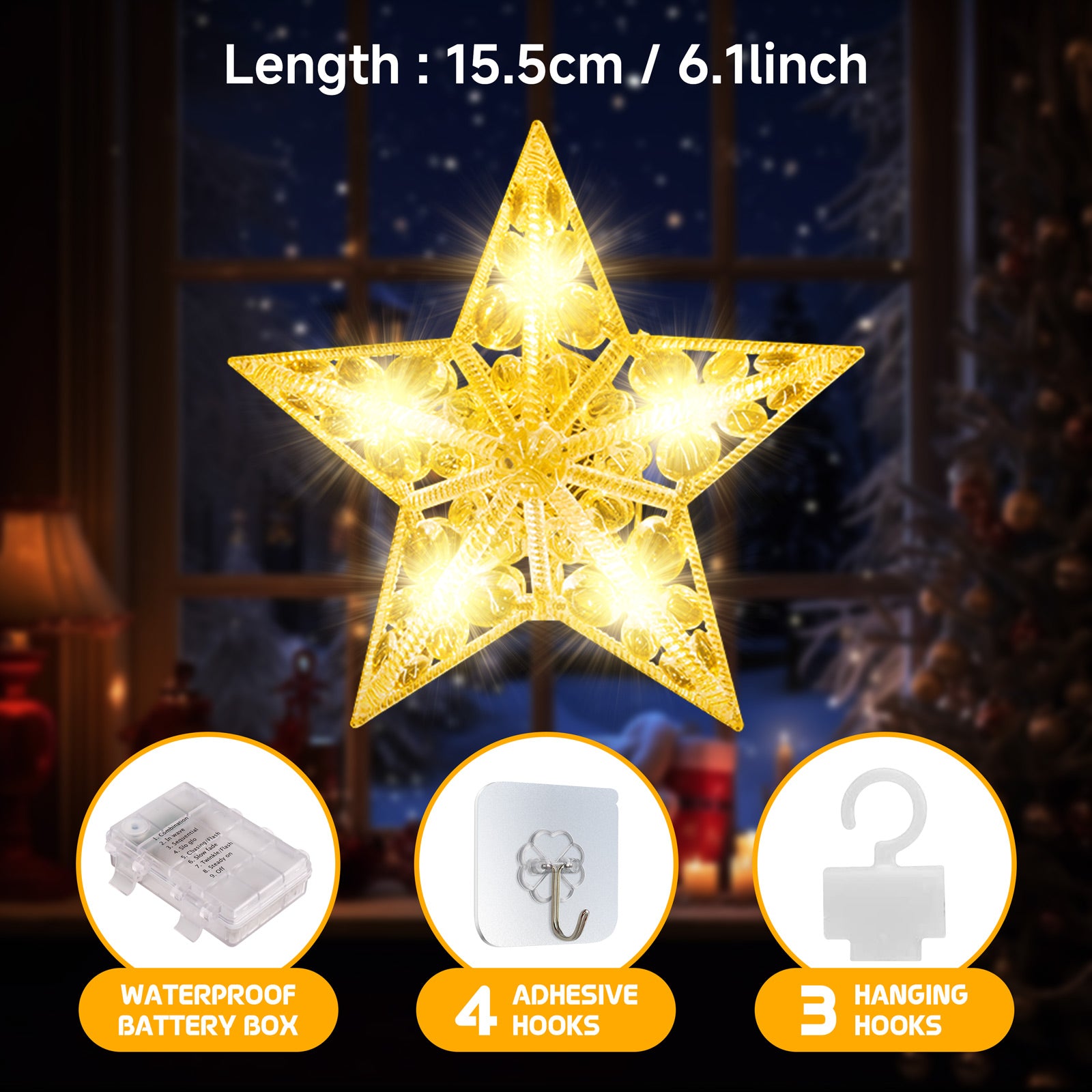 Quntis 3 Stars Christmas Diamond & Crystal-Shaped Window Lights (30 LEDs) – 8 Lighting Modes for Dazzling Xmas Lights, Perfect for Holiday Decor & Indoor/Outdoor Use