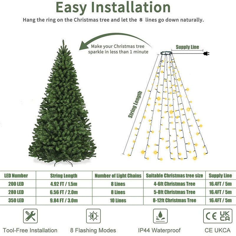 Quntis New LED Xmas Tree Ring Lights ¨C IP44 Waterproof Low-Voltage Star Waterfall Tree Topper Lights for Holiday Decor