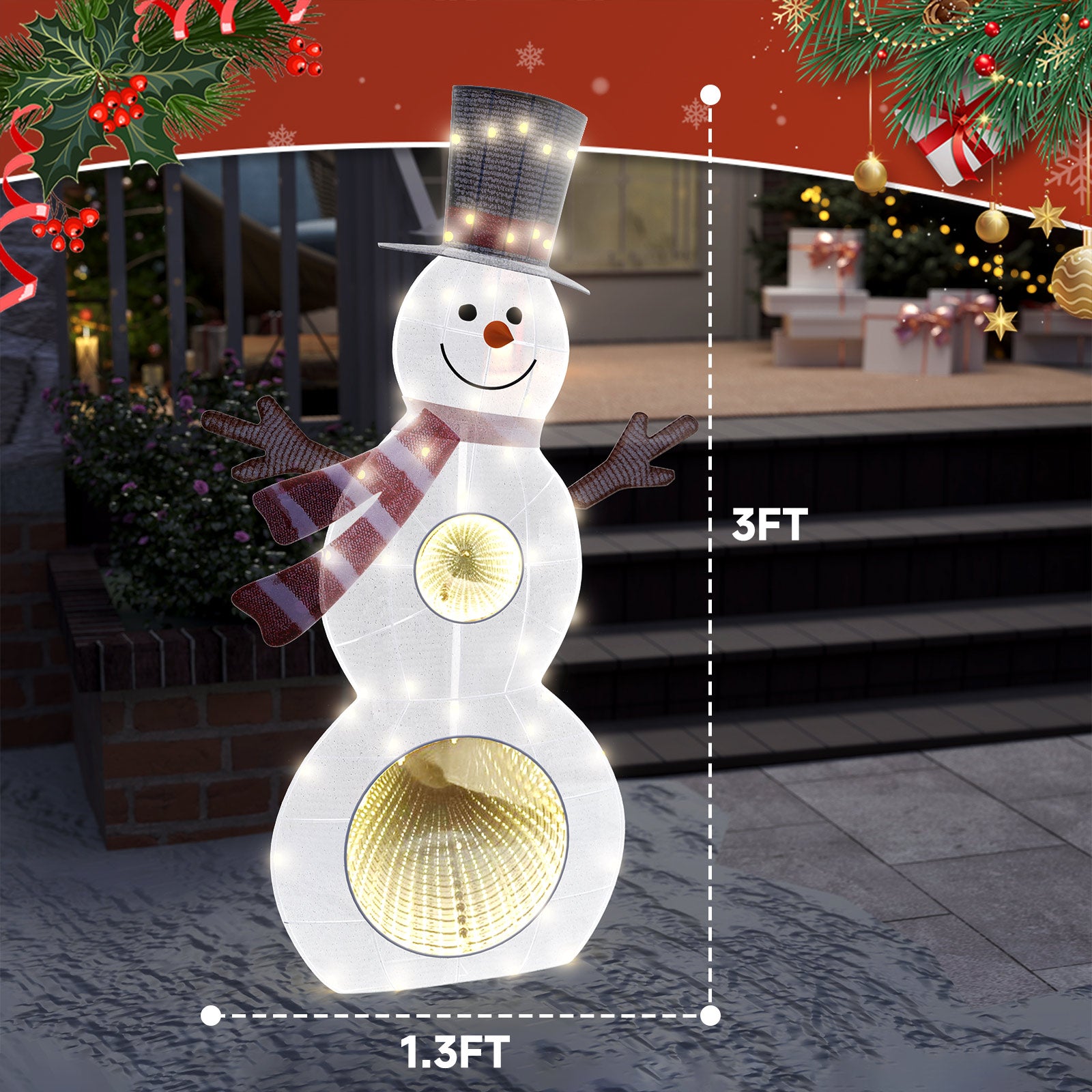 Quntis 3ft Lighted Christmas Snowman, 53LED with Infinity Mirror, 3D Glittered Xmas Yard Decor for Indoor & Outdoor Holiday Display