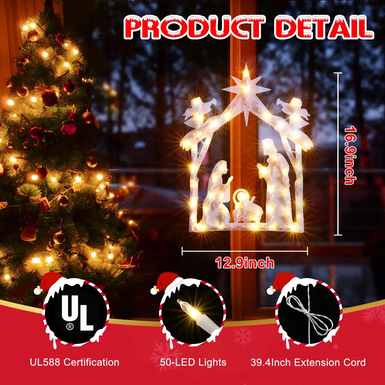 Quntis Angel Nativity Christmas Window Lights, 17 Inch Lighted Christmas Window Silhouette Lights Decorations with 50 Mini Bulbs &2 Hooks, Light up for Holiday Indoor Wall Door Glass