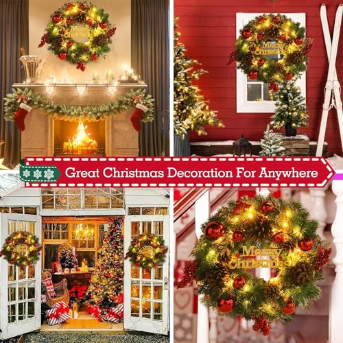 Quntis Merry Christmas Wreath with Lights, 16 Inch Pre-Lit Christmas Front Door Wreath with 8 Modes Timer, Artificial PineCones Red Berries Xmas Red Balls for Indoor Outdoor Fireplace Window Decor