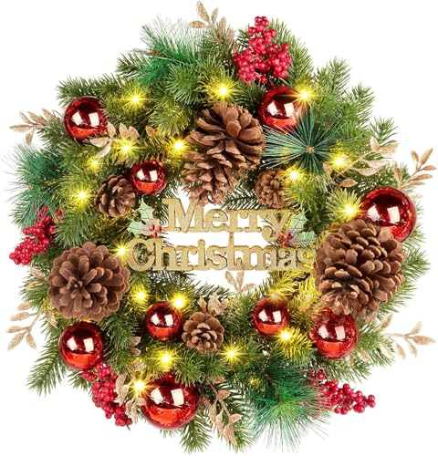 Quntis Merry Christmas Wreath with Lights, 16 Inch Pre-Lit Christmas Front Door Wreath with 8 Modes Timer, Artificial PineCones Red Berries Xmas Red Balls for Indoor Outdoor Fireplace Window Decor