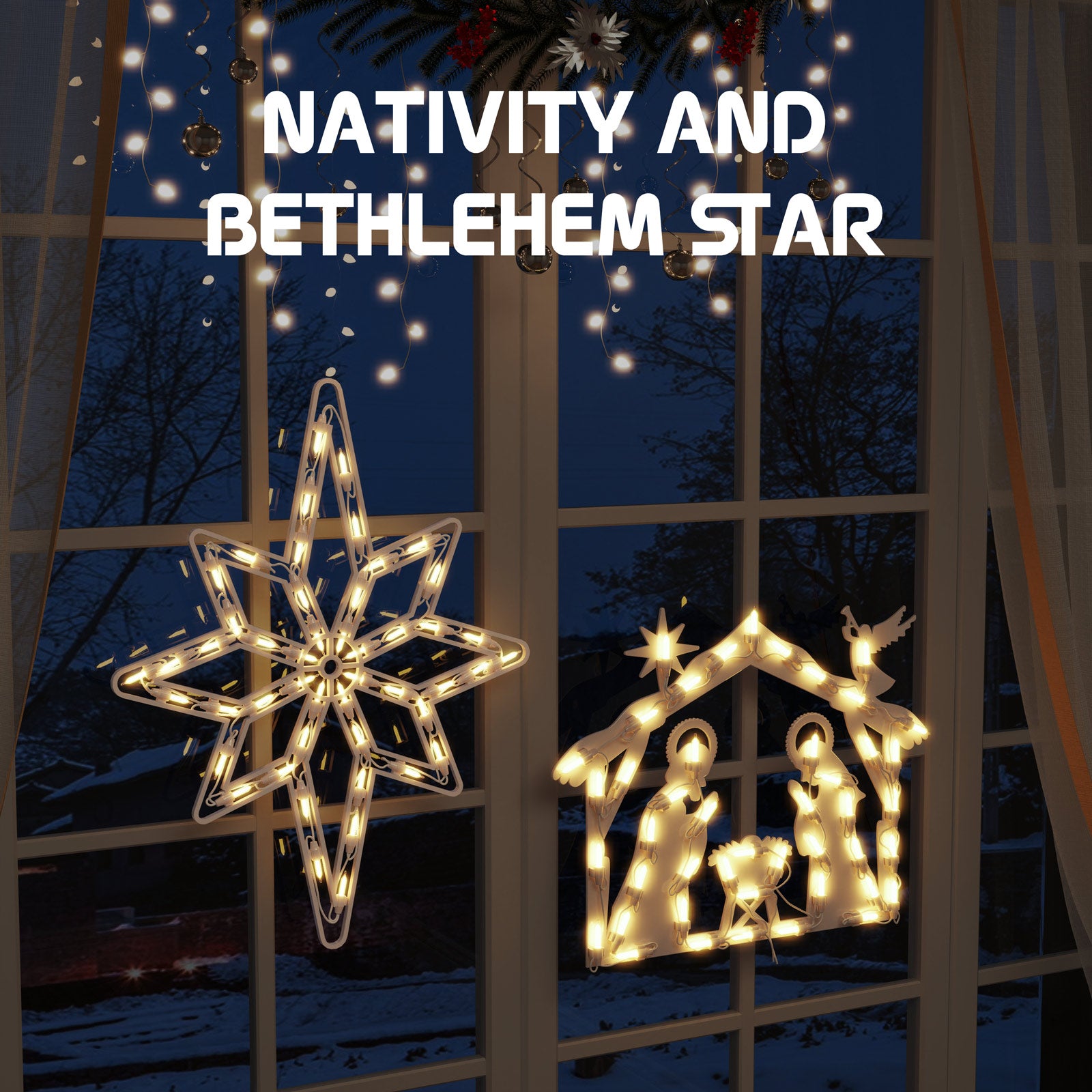 Quntis Luces de Ventana de Navidad – Paquete de 2 Escenas de Natividad y Estrella de Belén, Decoraciones Iluminadas para Ventana, Pared y Decoración Navideña