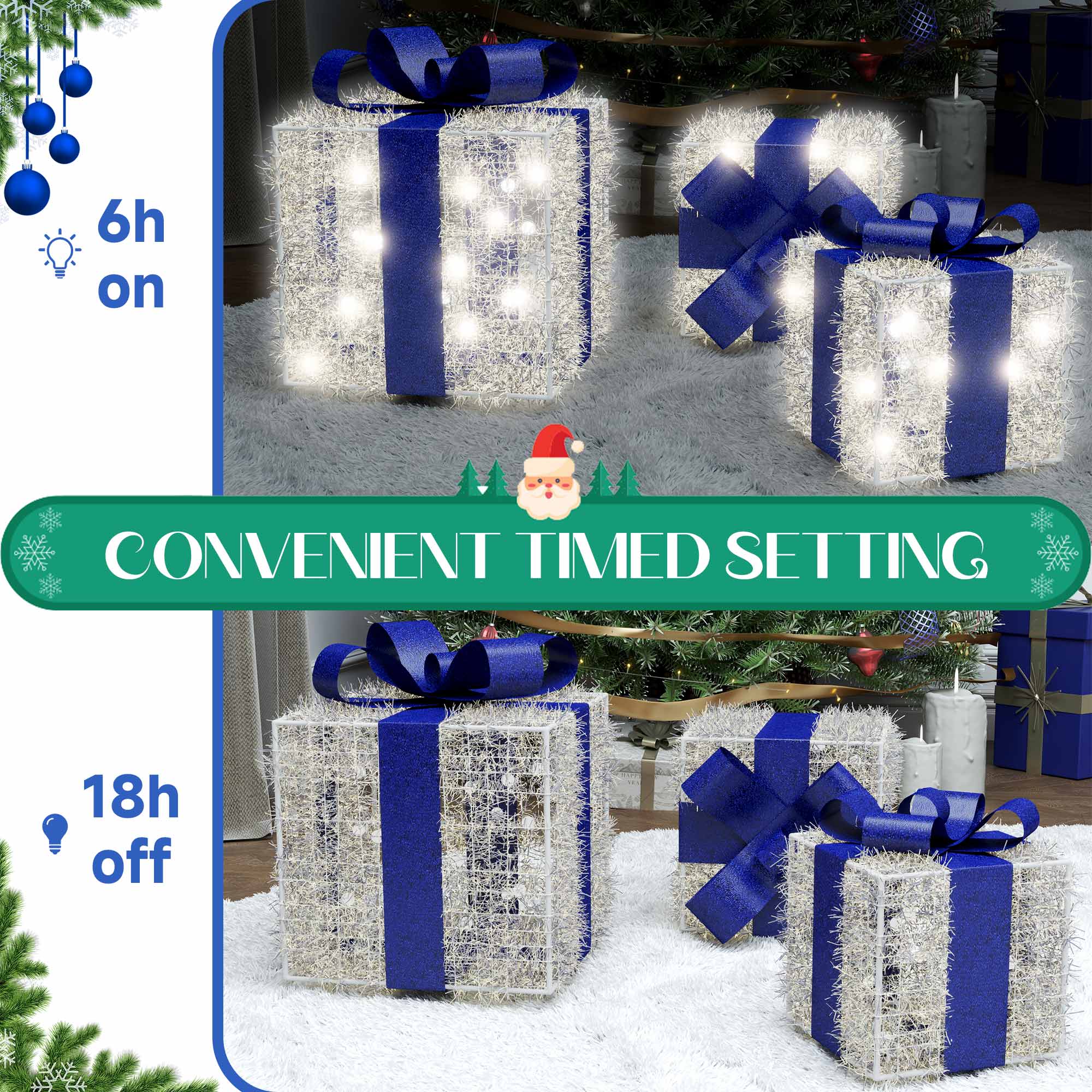 Blue Christmas Lighted Gift Boxes, 140 LEDs, Set of 3 – 8 Modes & Timer Function for Indoor/Outdoor Holiday Decor