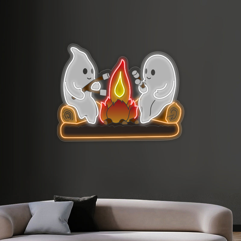 Ghosts by the Campfire Neon Sign – Cozy and Playful Halloween LED Decor with Marshmallow Toasting Ghosts