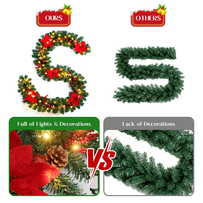 9ft Christmas Garland 50 Led Lights Timing Function Poinsettia Flowers