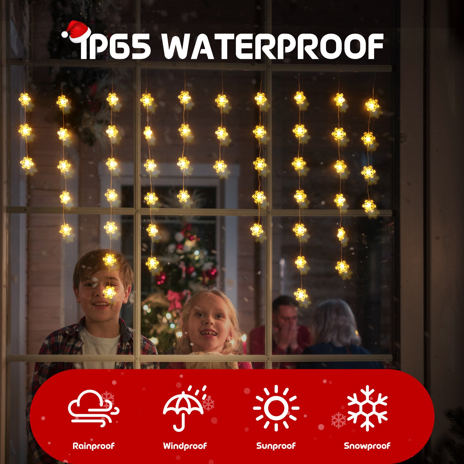 Quntis Luces de Nieve en Forma de Copo de Nieve de 50LED – 8 Modos, Funciona a Batería, IP65, Temporizador y Función de Memoria para Decoración Navideña (Blanco Cálido)