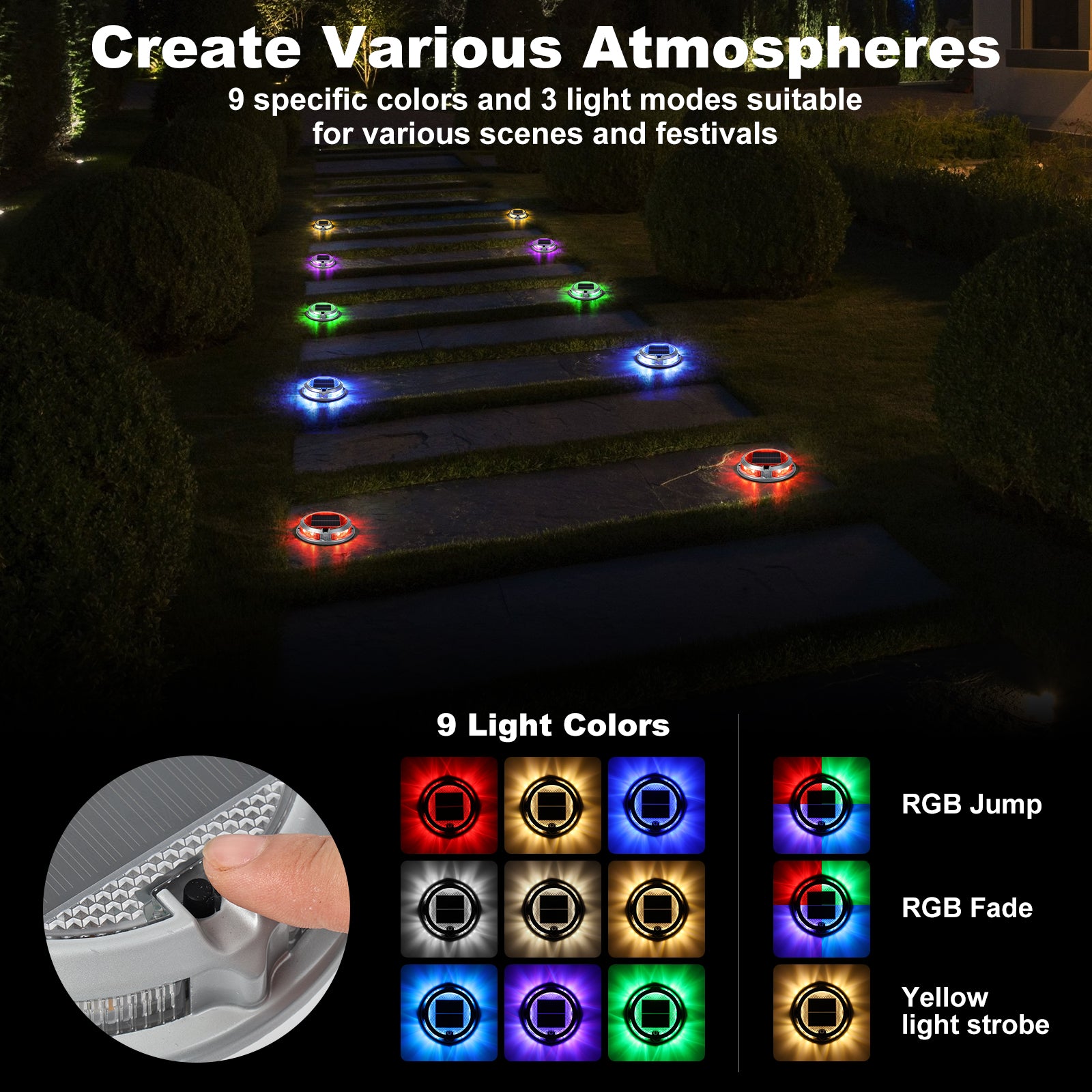 Luces de Deck Solar ¨C Luces LED RGB Impermeables IP68 para Caminos y Jardín