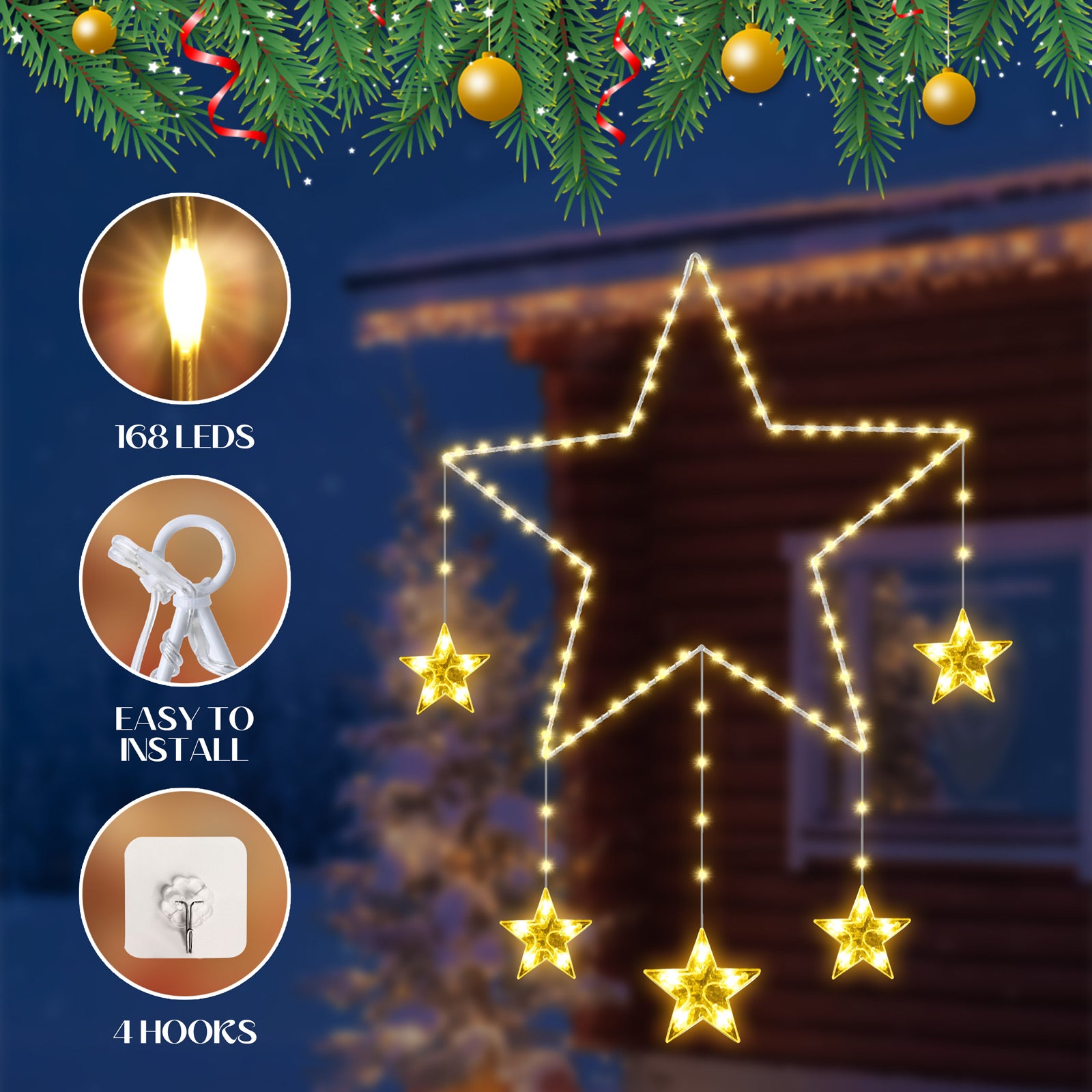 Quntis 2Pcs 37.5" Large Christmas Window Lights, 84LED 12 Stars, Battery Operated Twinkle Star Lights with Timer, 8 Modes, Warm White Xmas Decoration