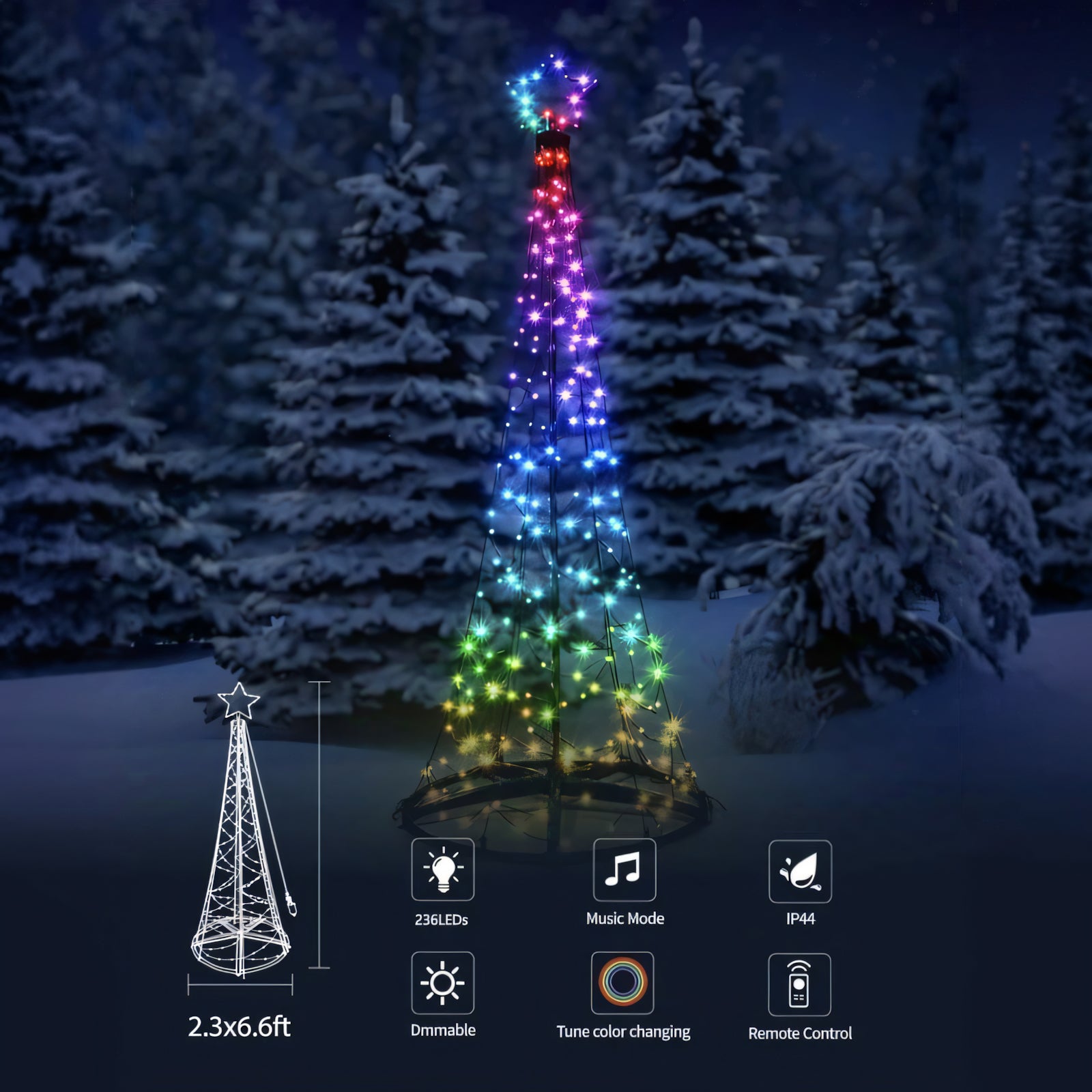 Arbre de Noël Light Tree 3D 6,5 pieds, Arbre de Noël pour intérieur extérieur, Arbre pré-éclairé 236 LEDs, IP44, Décoration de vacances avec cartographie d'application