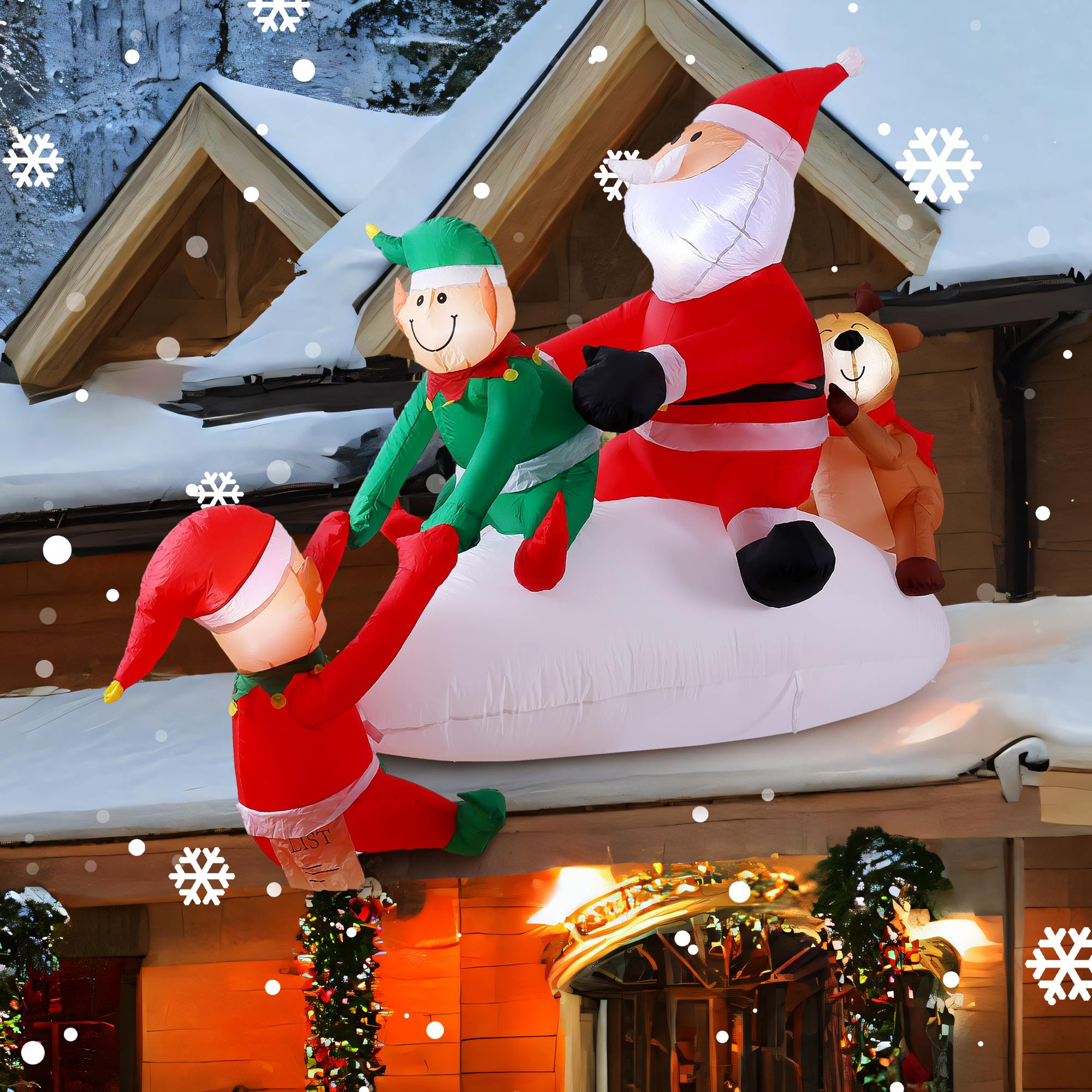 Quntis 9FT Santa Claus inflable y elfos con renos – Decoraciones navideñas inflables para exteriores para aleros y alféizares