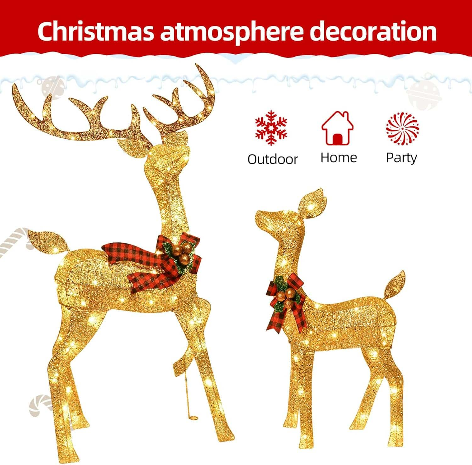 Lighted Christmas Decoration Reindeer Family - Light up Reindeer 3 Set with 210 Lights - Outdoor Yard Decoration Kit Including 3-Piece Deer, Stakes, and Extension Cord