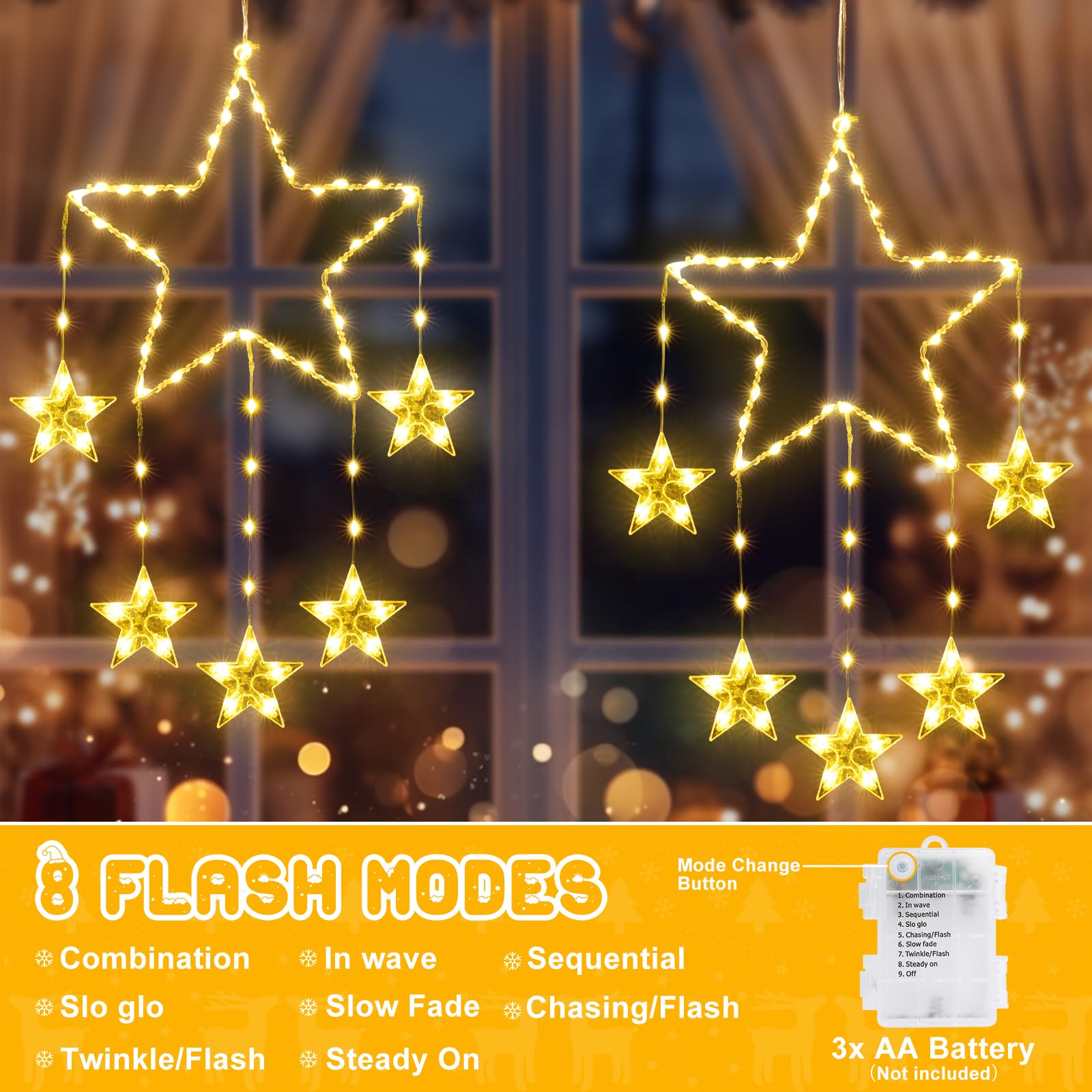 Quntis 2Pcs 37.5" Large Christmas Window Lights, 84LED 12 Stars Battery Operated Christmas Silhouette Twinkle Star Lights with Timer Memory, 8 Modes Xmas Indoor Outdoor Hanging Decoration, Warm White