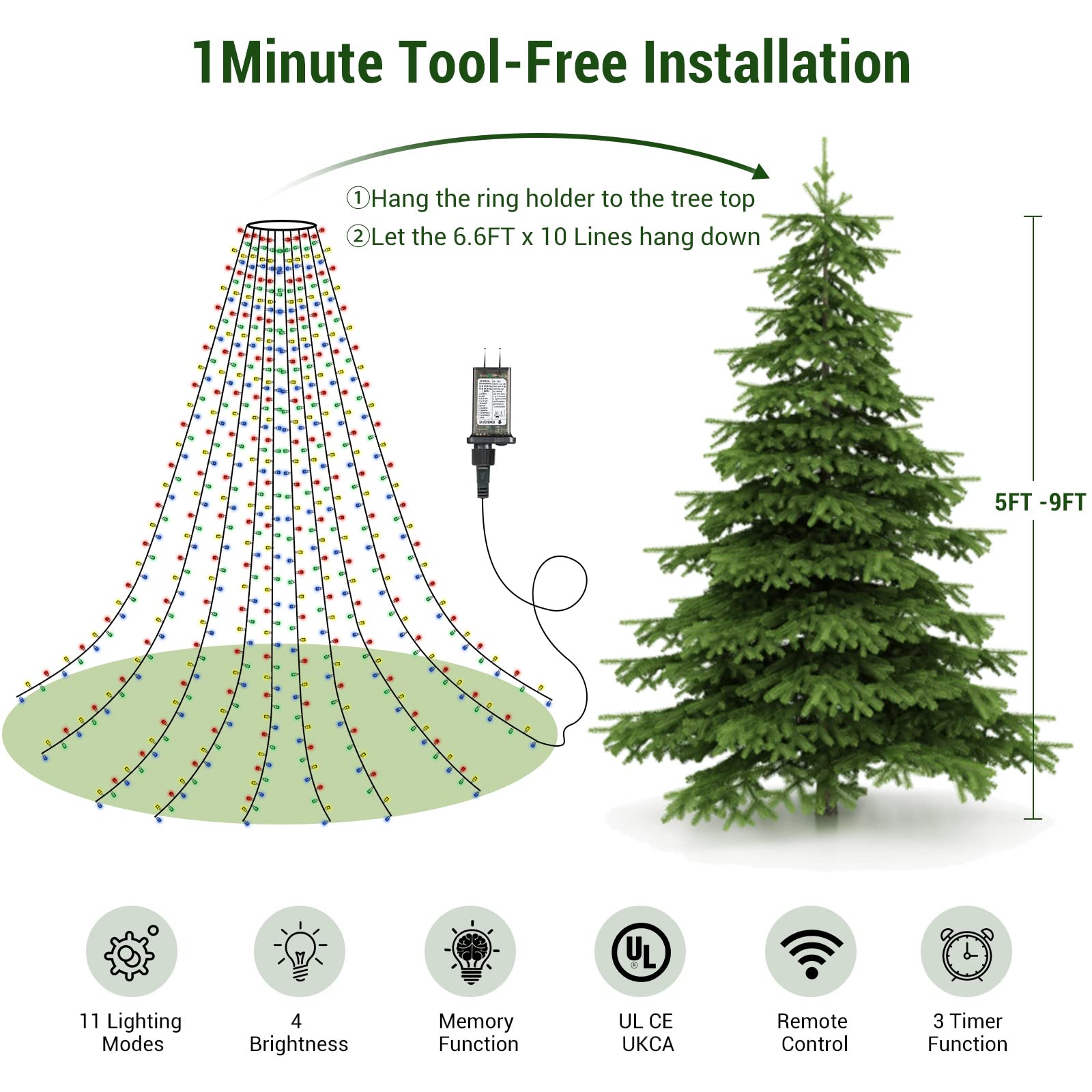 Color Changing Christmas Tree Lights, 11 Modes & 3 Timer Modes & 4 Brightness with Memory Function, 6.6FT x10 Lines 400 Diamond LED Christmas String Light Outdoor Waterproof