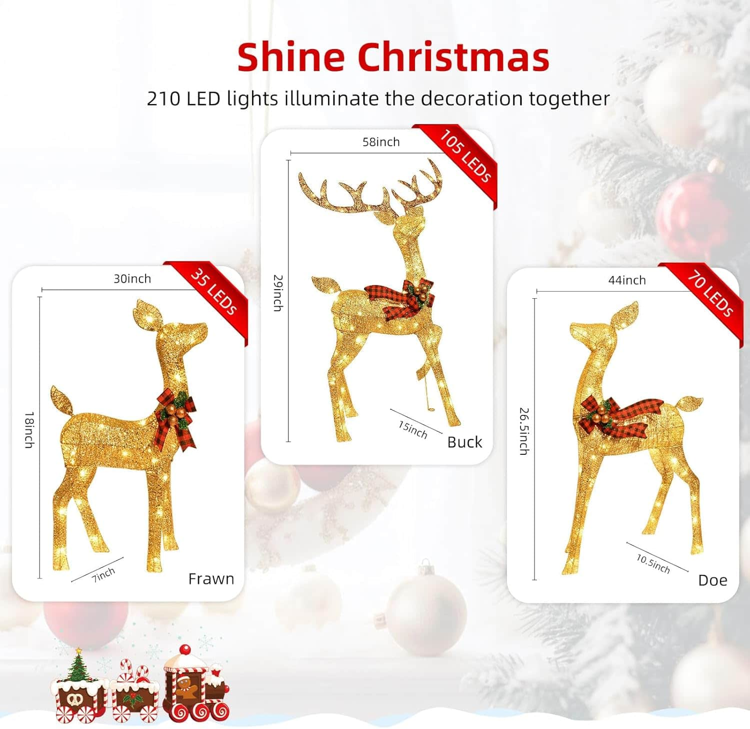 Lighted Christmas Decoration Reindeer Family - Light up Reindeer 3 Set with 210 Lights - Outdoor Yard Decoration Kit Including 3-Piece Deer, Stakes, and Extension Cord