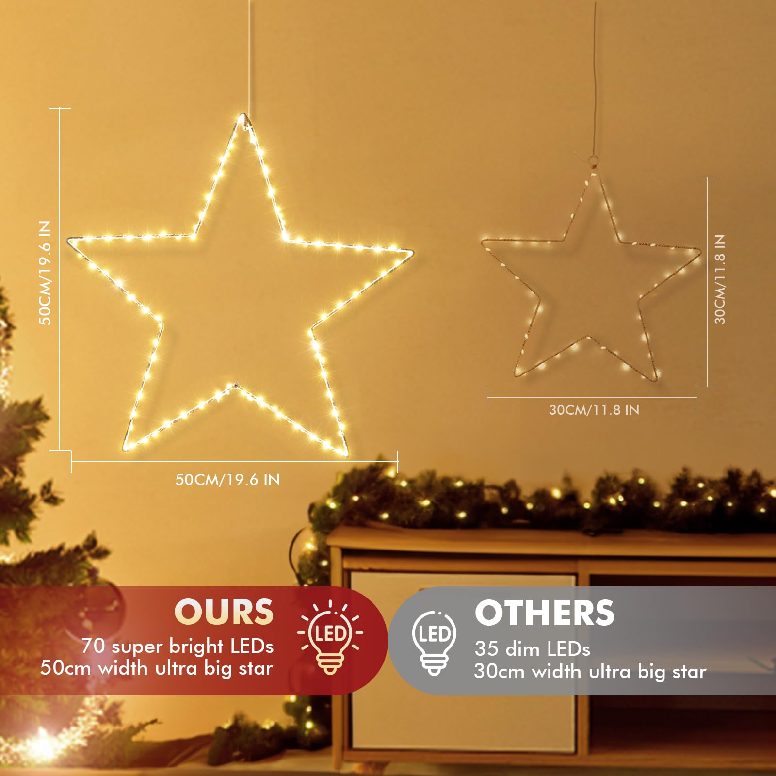 Quntis Christmas Window Lights with 2 Pack 19.6in Large Star, Battery Operated Christmas Curtain Lights with Timer &8 Mode, Foldable Star Lights for Indoor Outdoor Diwali Decorations,Warm White