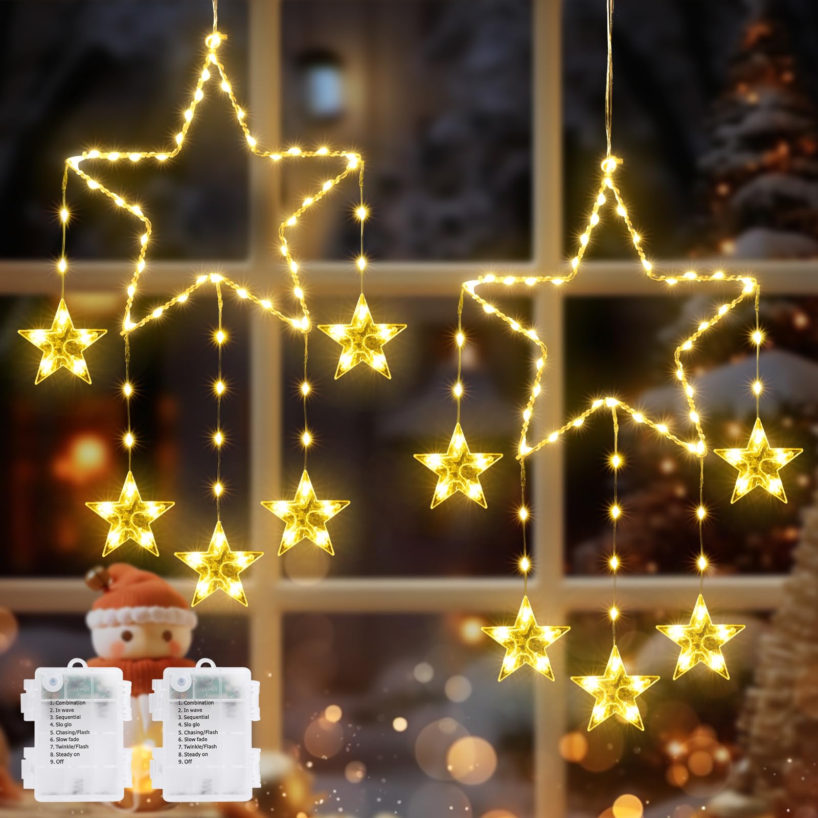 Quntis 2Pcs 37.5" Large Christmas Window Lights, 84LED 12 Stars Battery Operated Christmas Silhouette Twinkle Star Lights with Timer Memory, 8 Modes Xmas Indoor Outdoor Hanging Decoration, Warm White