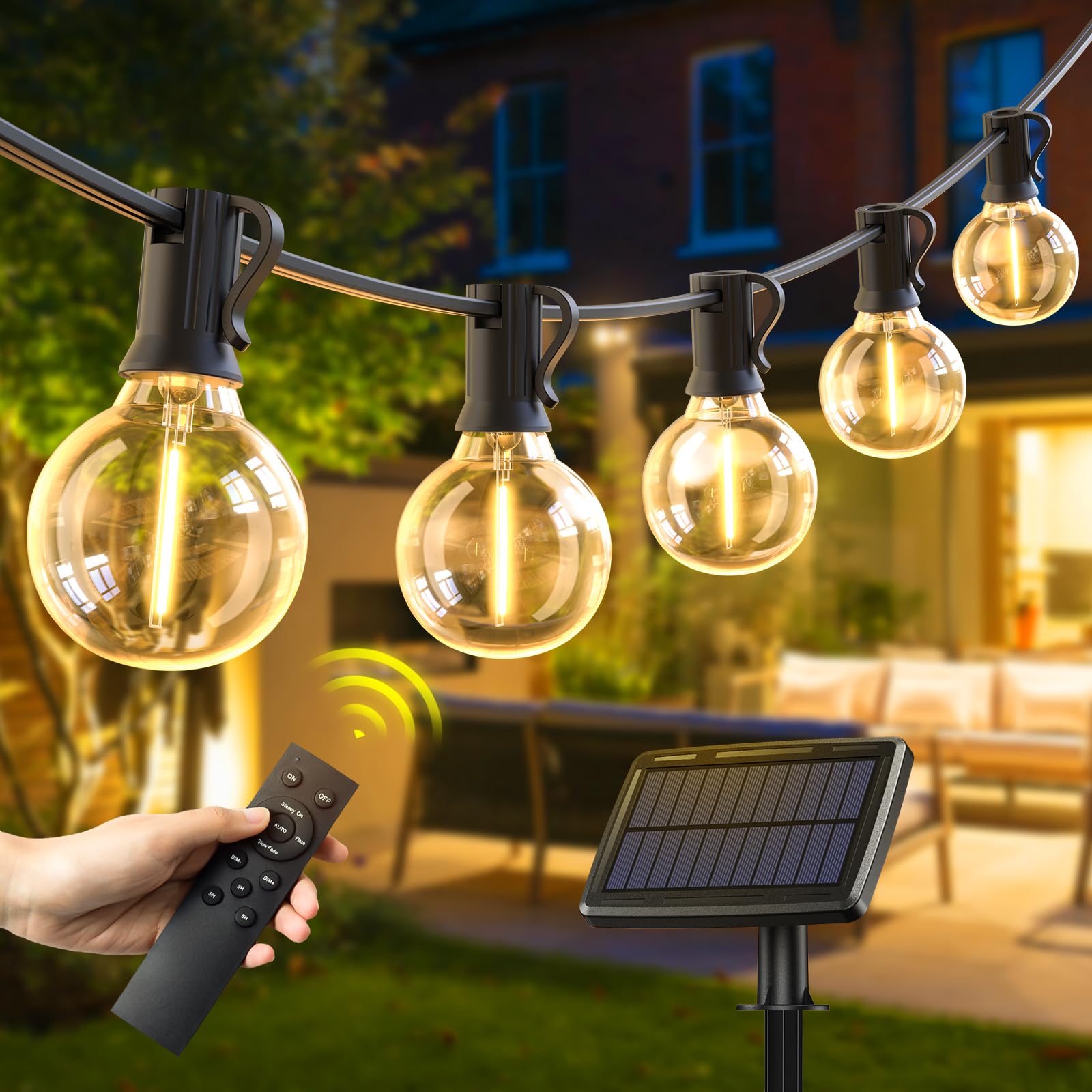 Quntis Solar String Lights Outdoor Waterproof with Remote 4 Light Mode, 106ft 50+3 Bulbs Type-C & Solar Powered G40 LED String Lights with Dimming, Shatterproof Hanging Lights for Backyard Decor