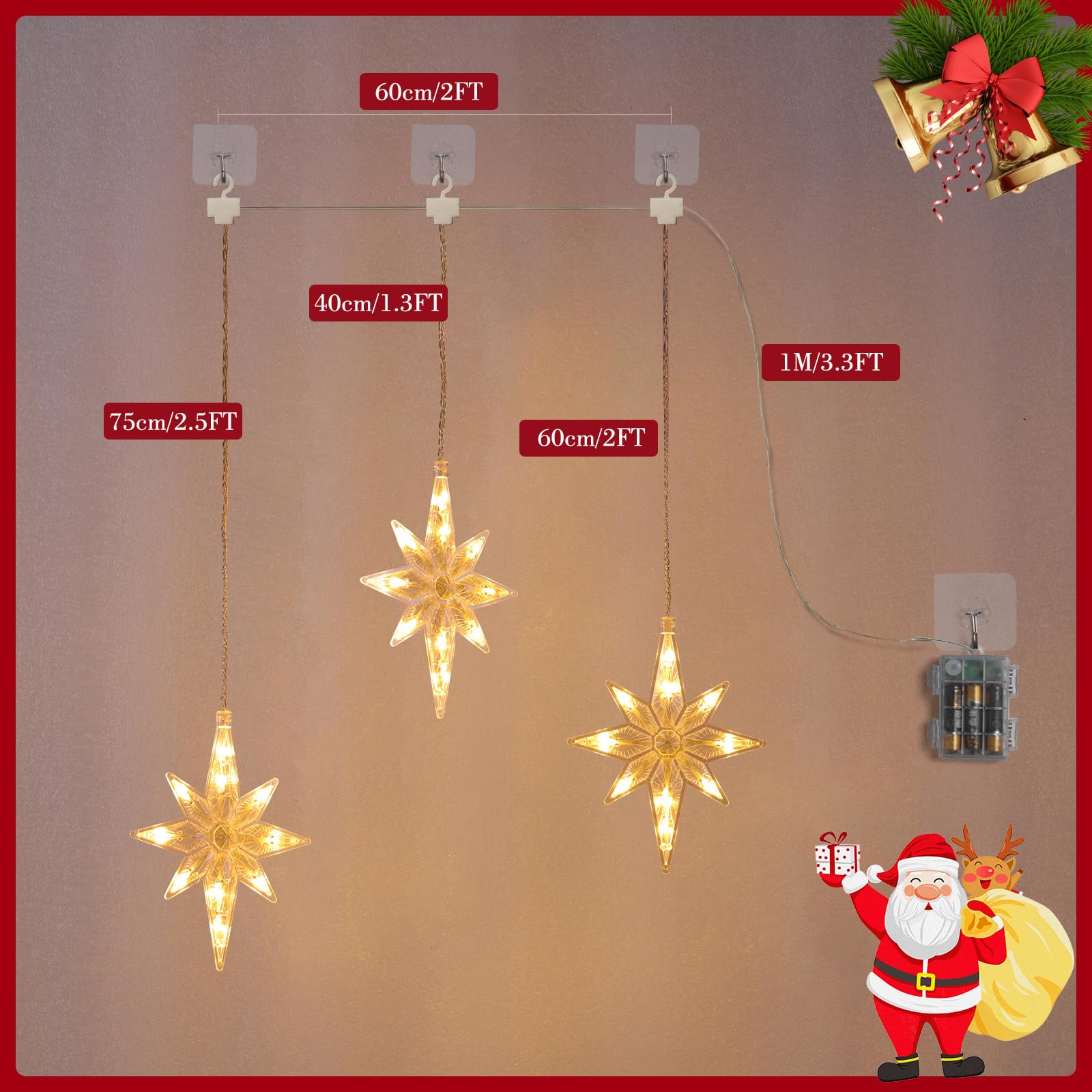 Quntis Lumières de Noël étoile 3-en-1 – Lumières LED de Noël intérieures et extérieures pour fenêtres, cuisine, salon, salle à manger, blanc chaud