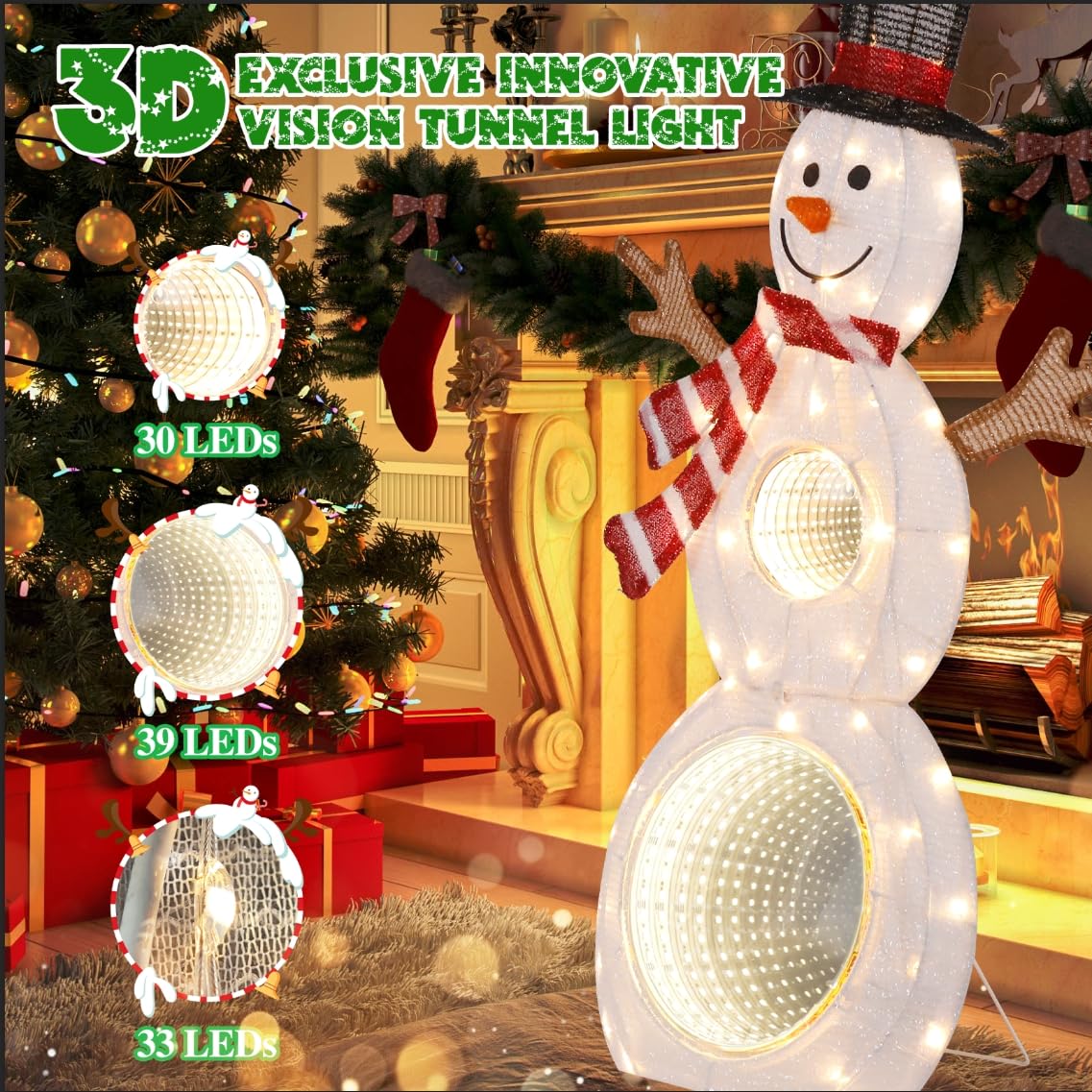 Quntis 3ft Christmas Snowman, 53LED Lighted Christmas Snowman Decorations Yard Light with Infinity Mirror Tunnel Lights,3D Pre-Lit Snowman Xmas Decor Glittered Standing Holiday Display Indoor Outdoor