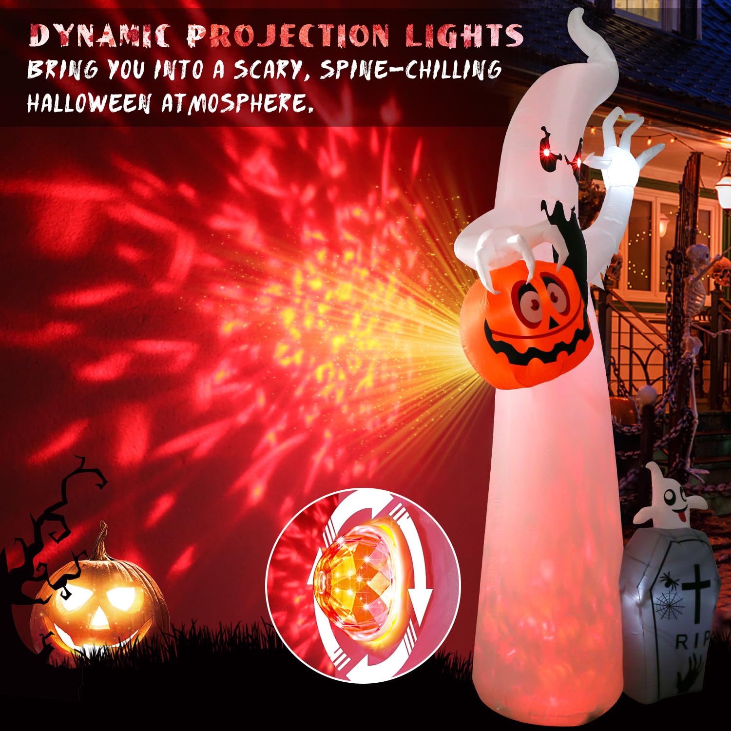 12FT Halloween Inflatable Outdoor Decoration with Projection Lights and Scary Sound, Halloween Blow Up Yard Decorations, Waterproof Inflatable Halloween Pumpkin Ghost with LED for Garden