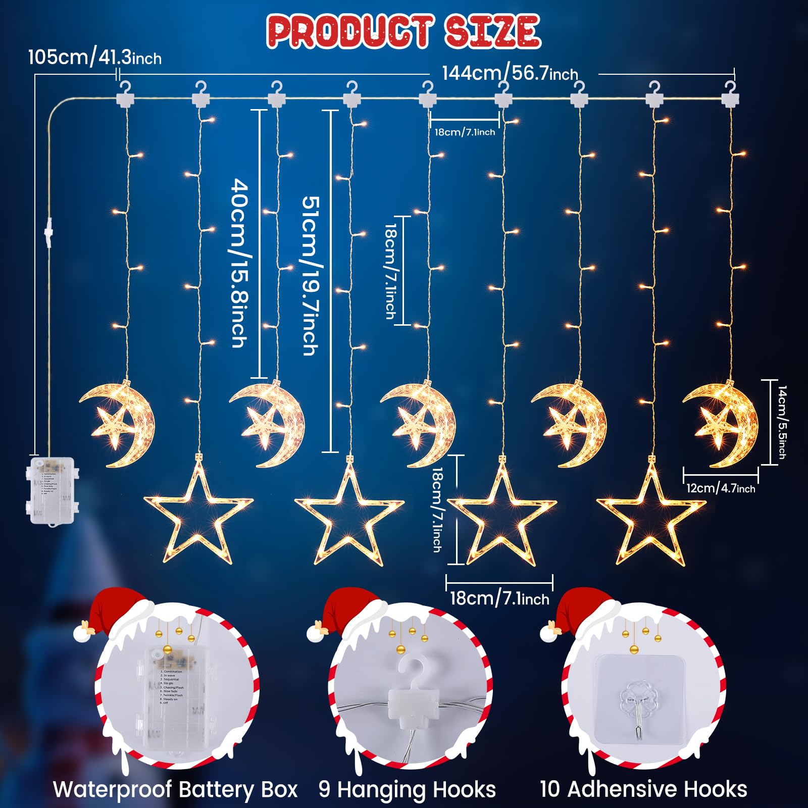 Quntis Christmas Window Lights, 9Pack 125LED Battery Powered Star & Moon Hanging Window Lights, 8 Modes, Waterproof Indoor Outdoor Decoration for Holiday,Party, Home Decor