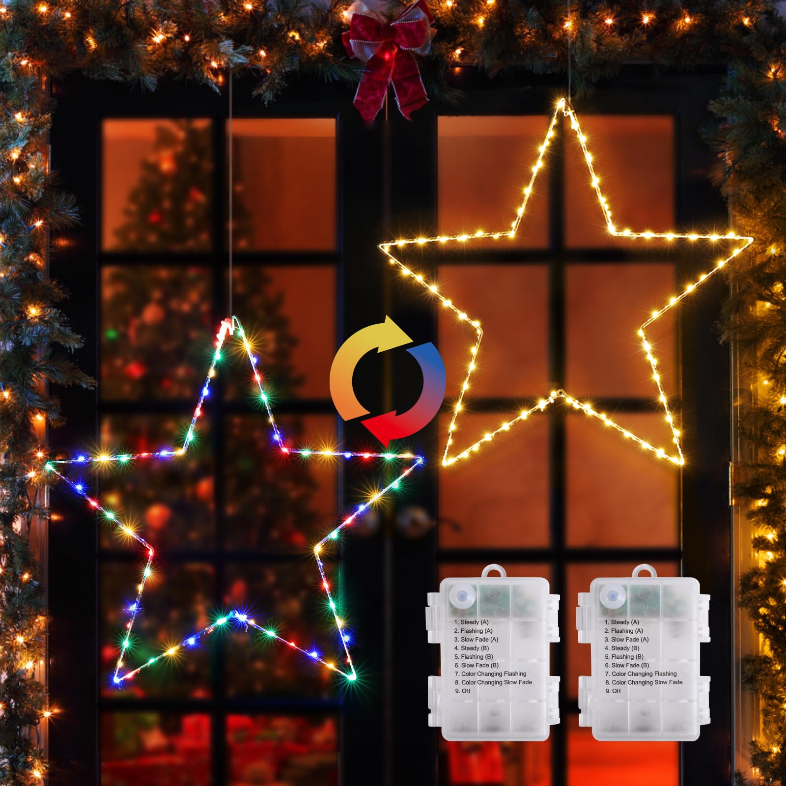 Christmas Window Lights with 2 Pack 19.6in Large Star, Quntis Color Changing Battery Operated Christmas Curtain Lights with Timer & 8 Mode,Foldable Star Lights for Indoor Outdoor Diwali Decorations