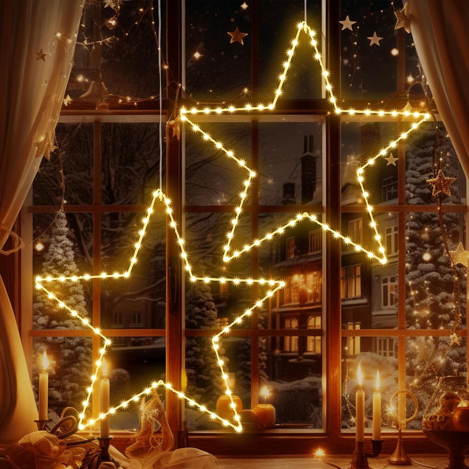 Quntis Christmas Window Lights with 2 Pack 19.6in Large Star, Battery Operated Christmas Curtain Lights with Timer &8 Mode, Foldable Star Lights for Indoor Outdoor Diwali Decorations,Warm White