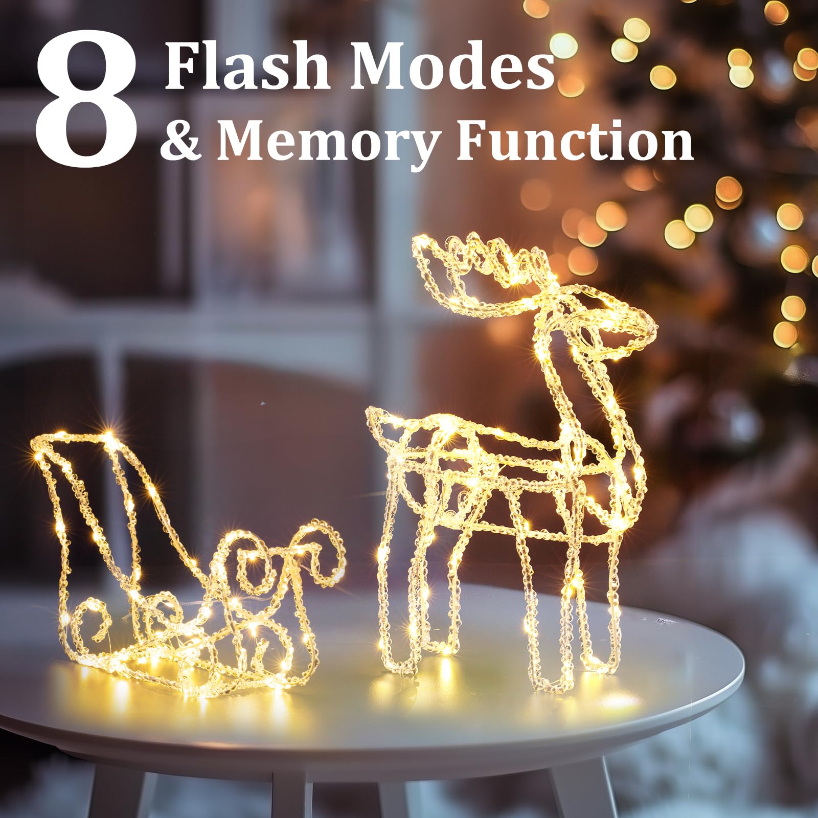 Set of 2 Christmas Lights, Light up 3D Elk Pulling Sleigh Christmas Decor, Lighted Acrylic Christmas Decoration with 100 Led Lights for Indoor Outdoor Fireplace Windowsill Home Xmas Tree Yard Lawn