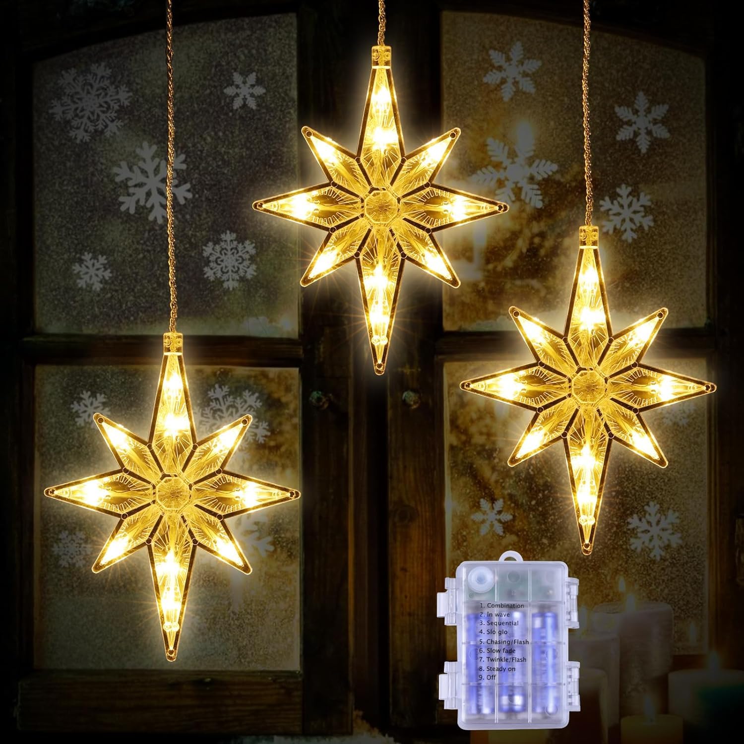 Quntis 3-in-1 Christmas Star Lights – LED Indoor & Outdoor Christmas Lights for Windows, Kitchen, Living Room, Dining Room, Warm White