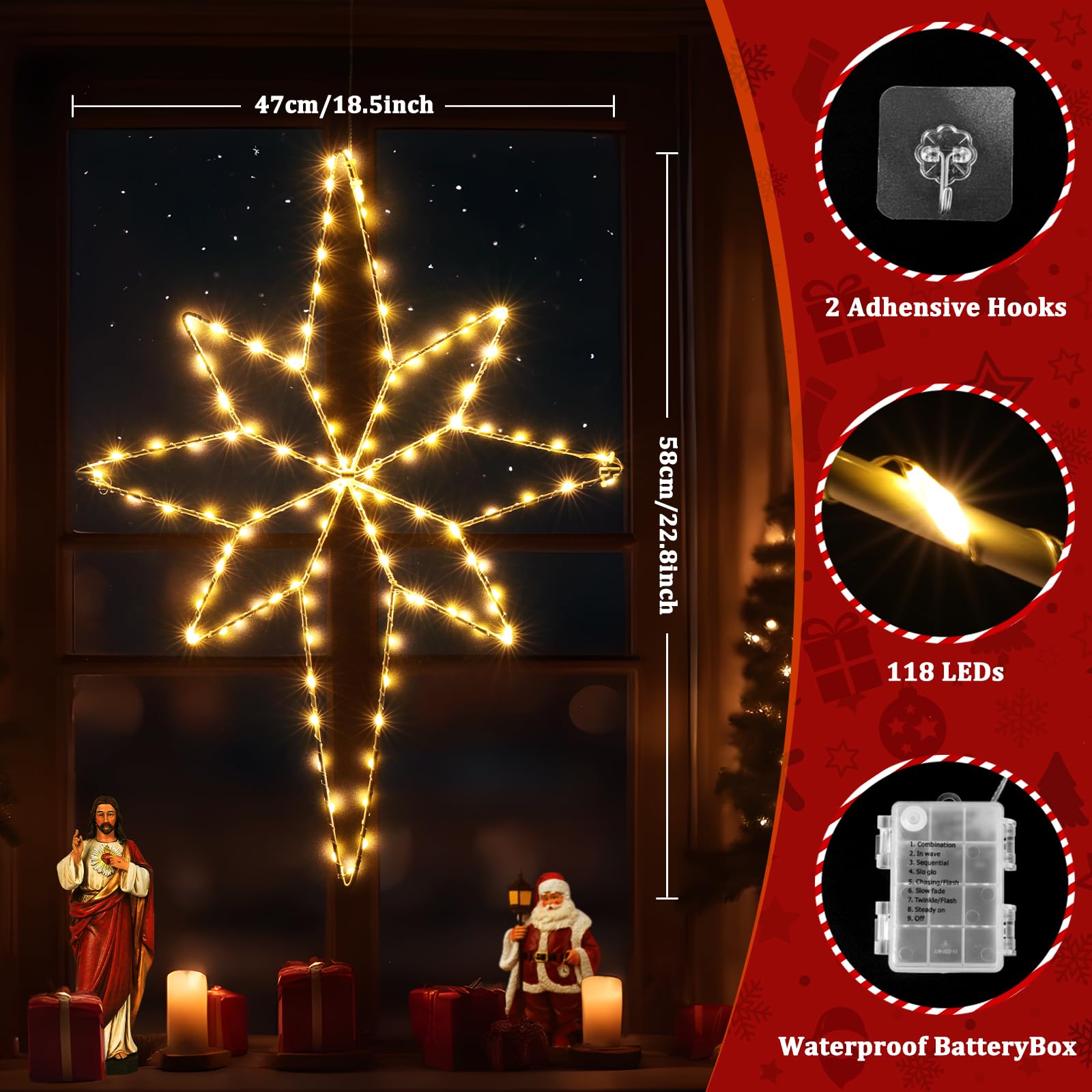 Quntis Luzes de Janela Estrela de Belém de 58cm para o Natal, 118 LEDs, Alimentadas a Bateria com 8 Modos e Temporizador, Branco Quente para Decoração de Natal Interior/Exterior (1 Pacote)