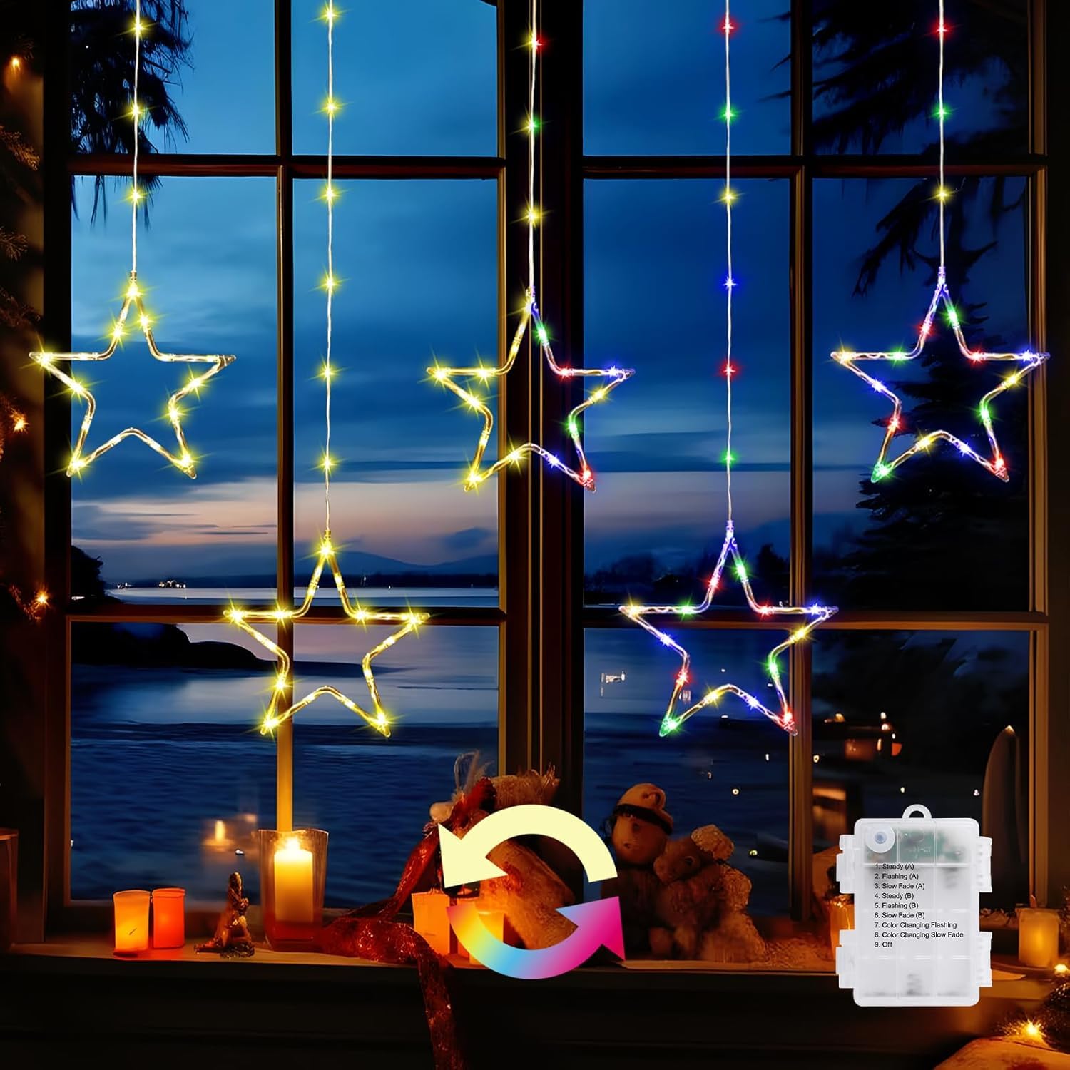 Quntis Christmas Window Lights, Color Changing 60LED 5 Stars Christmas Curtain Lights with Timer and 8 Modes, Battery Operated Star Lights for Bedroom Wall Diwali Christmas Decorations Outdoor Indoor