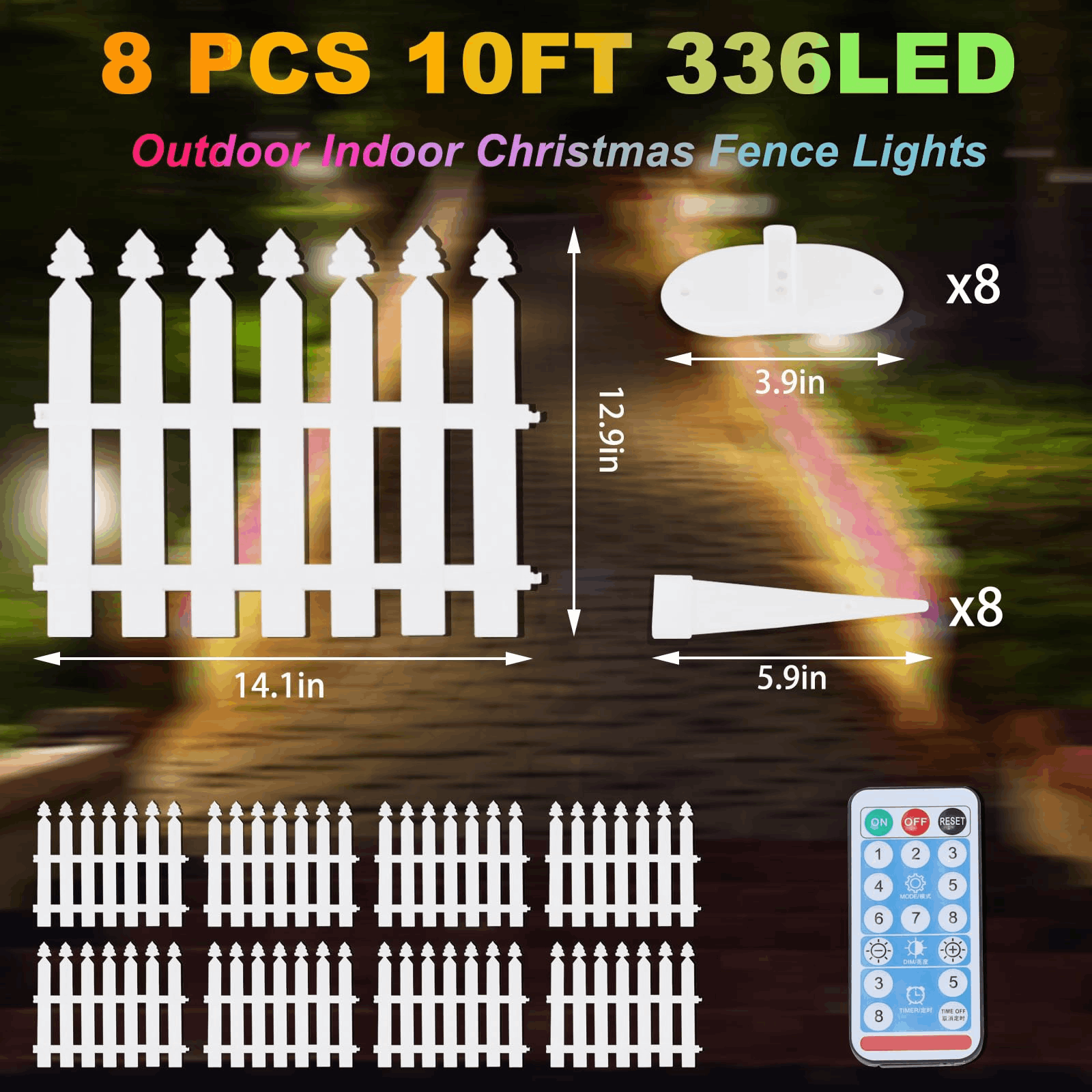 10FT 336 LED Picket Fence Lights – 8 Modes, Waterproof, for Indoor/Outdoor Christmas Tree, Garden, Yard, Patio, and Landscape Decoration