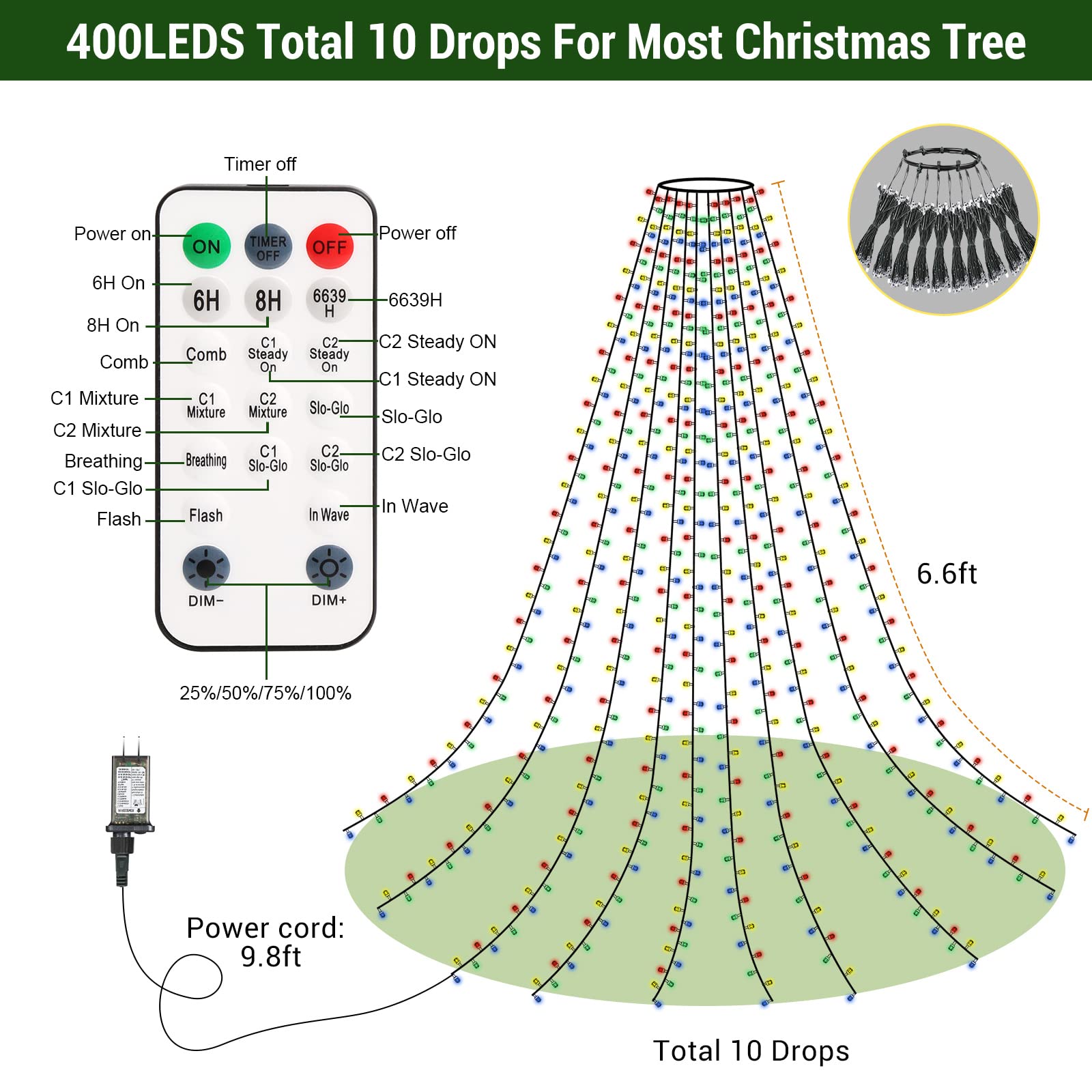 Color Changing Christmas Tree Lights, 11 Modes & 3 Timer Modes & 4 Brightness with Memory Function, 6.6FT x10 Lines 400 Diamond LED Christmas String Light Outdoor Waterproof