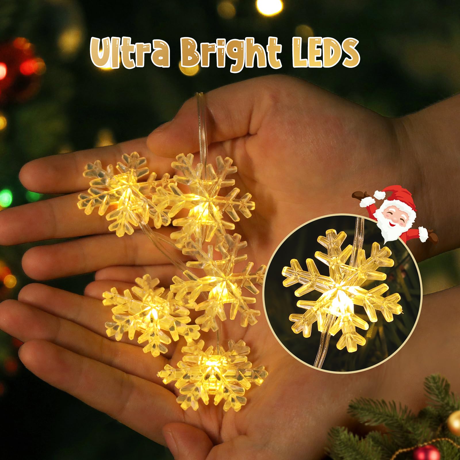 Quntis 50LED Christmas Snowflake Lights – 8 Modes, Battery Operated, IP65, Timer & Memory Function for Holiday Decoration (Warm White)