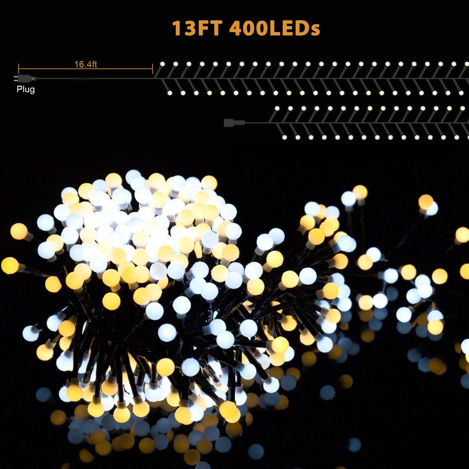 Quntis 400 LED 13FT Cluster Christmas String Lights Plug in, Blue &Yellow Globe Christmas Light Decoration for Indoor Outdoor Xmas Tree Bedroom Wedding Party (8 Twinkle Mode, Connectable, Waterproof)