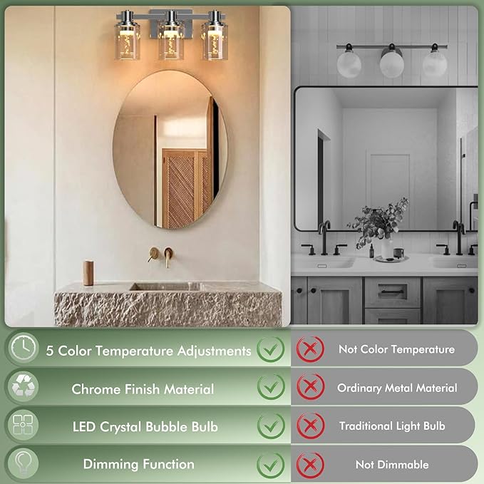 Quntis Bathroom Vanity Lights, 3-Lights Modern Chrome Bathroom Light Fixtures Over Mirror with Clear Glass Shade Crystal Bubble Wall Sconce Lighting for Hallway Kitchen Bedroom Living Room