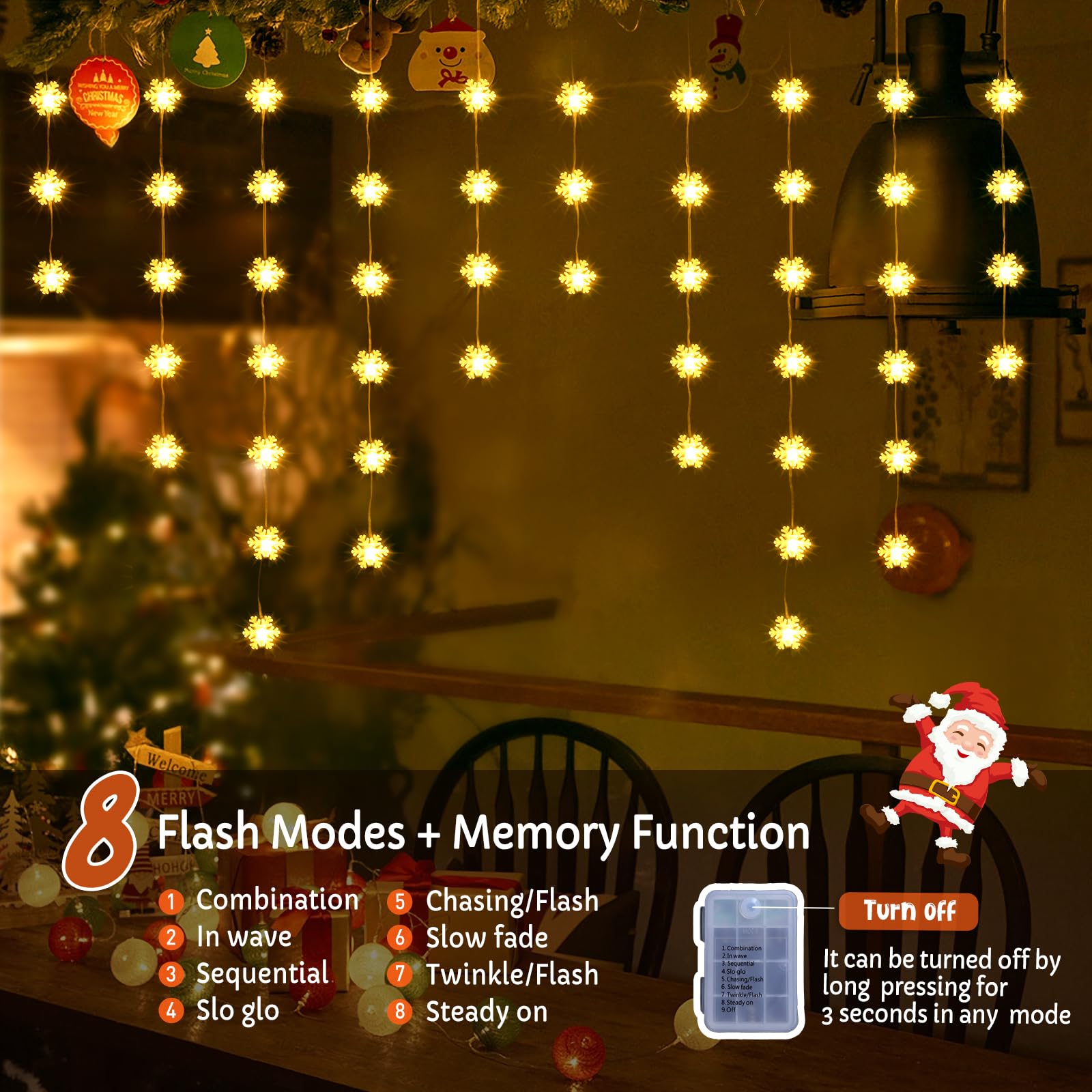 Quntis 50LED Christmas Snowflake Lights – 8 Modes, Battery Operated, IP65, Timer & Memory Function for Holiday Decoration (Warm White)