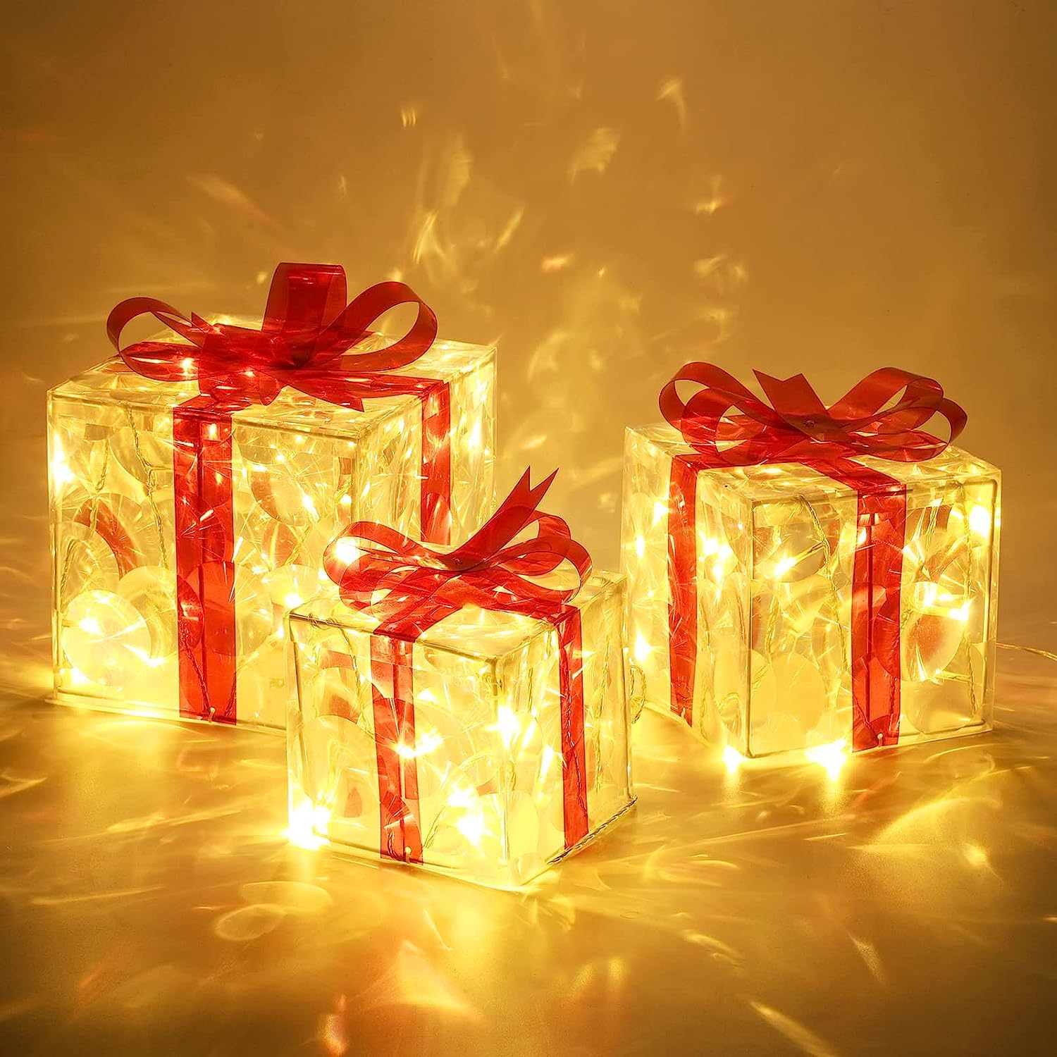 Quntis Christmas Lighted Gift Boxes, Set of 3 Christmas Decoration Boxes with F5 Super Bright 60 LED lights, 8 Modes ＆ Timer Function Present Boxes Plug in, Transparent Christmas Decor with Bows for Christmas