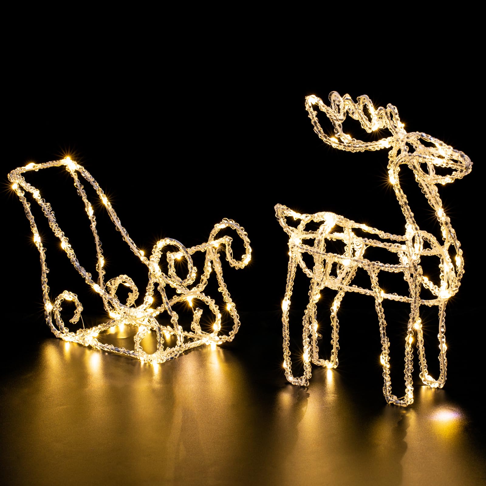 Quntis Set of 2 Christmas Lights – 3D Elk Pulling Sleigh Christmas Decor, Lighted Acrylic Decoration with 100 LED Lights for Indoor & Outdoor Xmas Tree, Yard, Lawn, and Fireplace