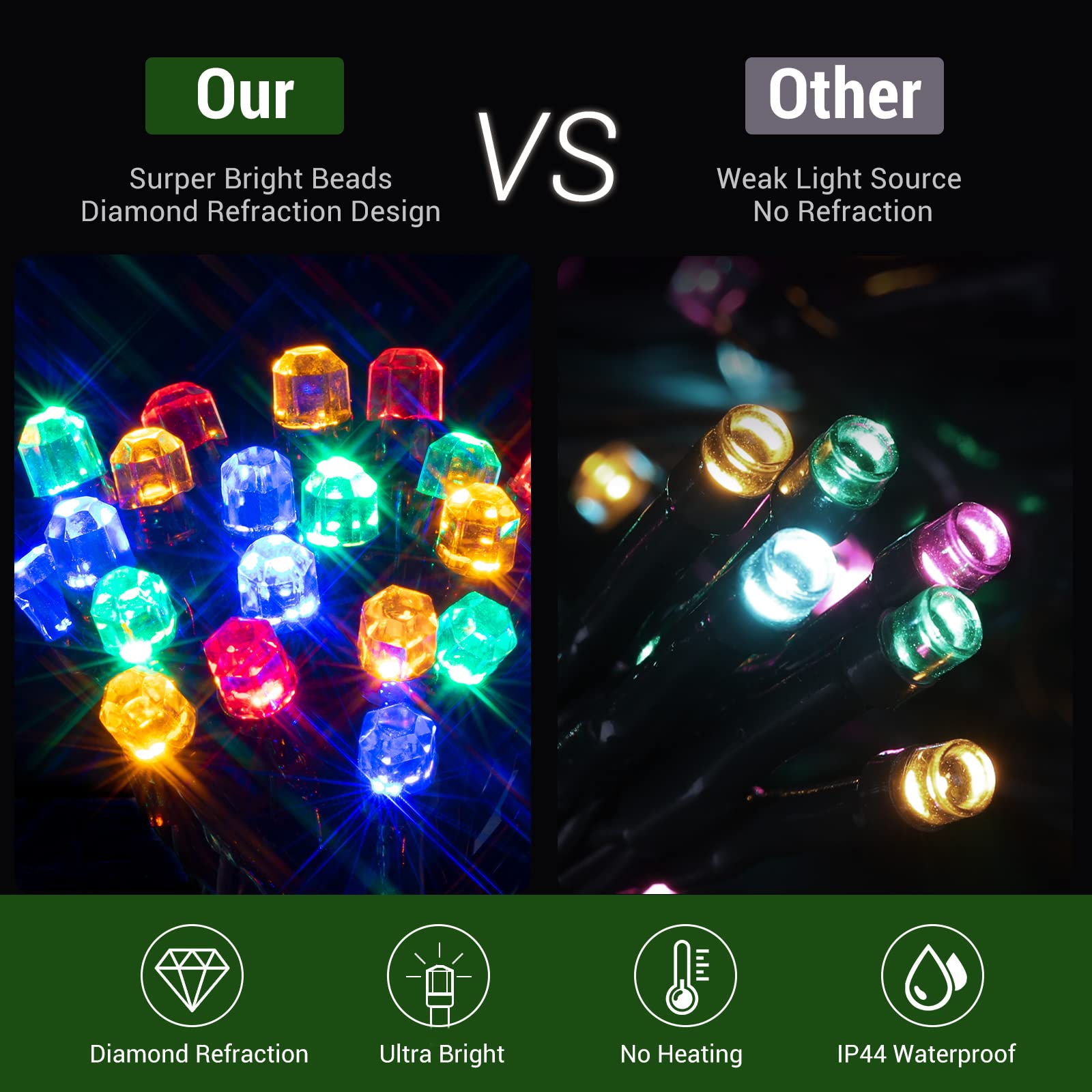 Color Changing Christmas Tree Lights, 11 Modes & 3 Timer Modes & 4 Brightness with Memory Function, 6.6FT x10 Lines 400 Diamond LED Christmas String Light Outdoor Waterproof