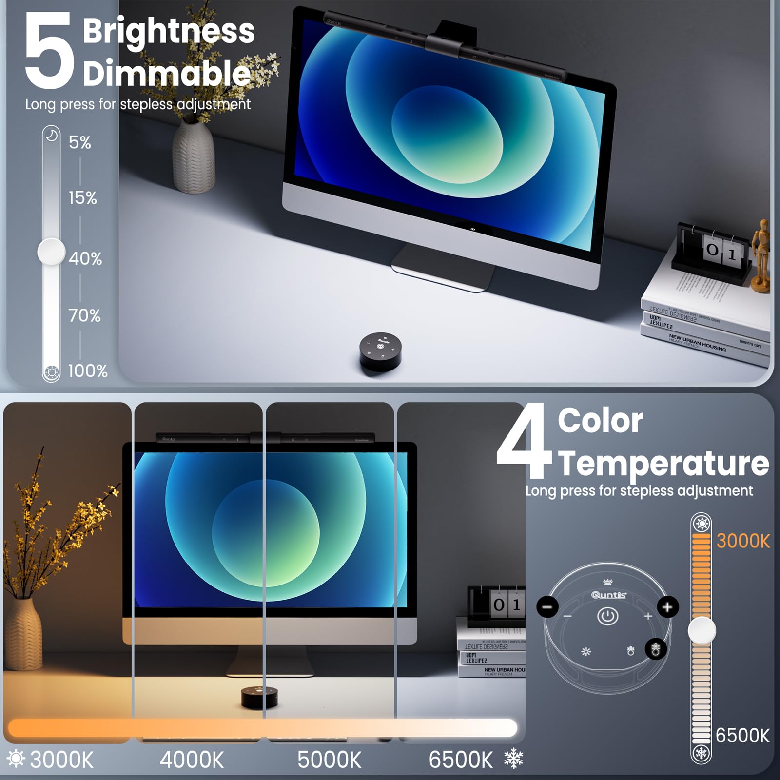 Quntis 40cm（15.75In） Monitor Light bar with Remote and Touch Control, Eye-Caring Computer Monitor Lamp Auto Stepless Dimming and Color Temperature, Curved Screen Light No Glare Anti-Blue Desk Light Bar