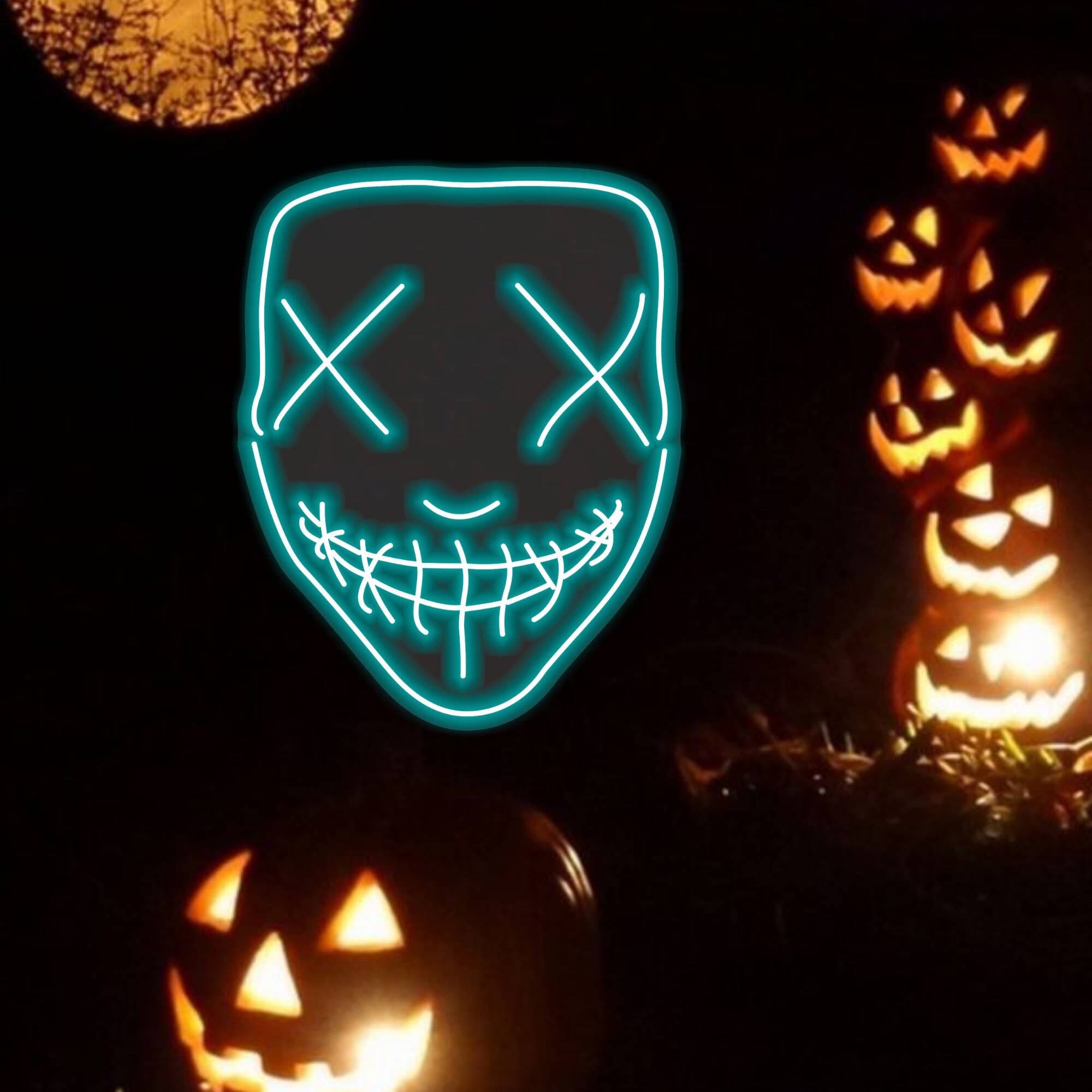 Chilling Grinning Mask Neon Sign - Eerie Teal Glow, Horror-Themed LED Light for Halloween Decor, Bars, Haunted Houses, and Unique Home Accents