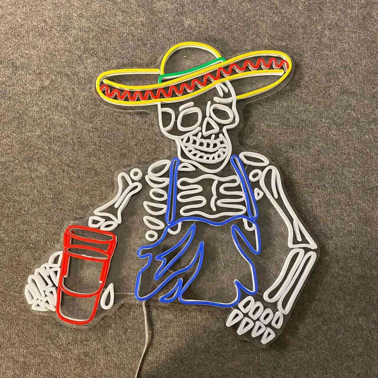 Vibrant Day of the Dead Neon Sign – Festive Skeleton with Sombrero for Themed Events and Celebrations