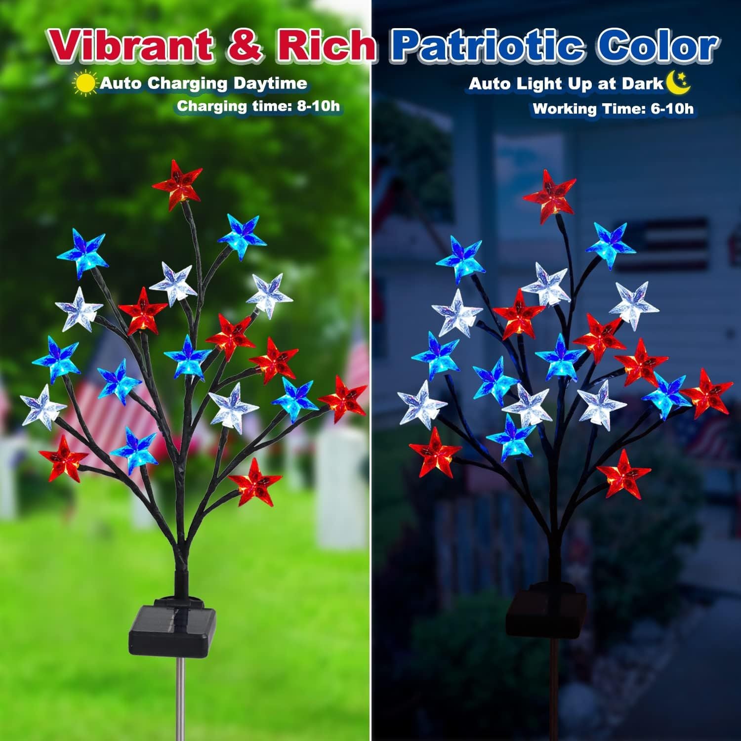 Quntis Solar-Powered Patriotic Branch Stake Lights – Red, White, Blue Star LED Lights for Independence Day & Christmas Decor, Set of 4 With 2Models