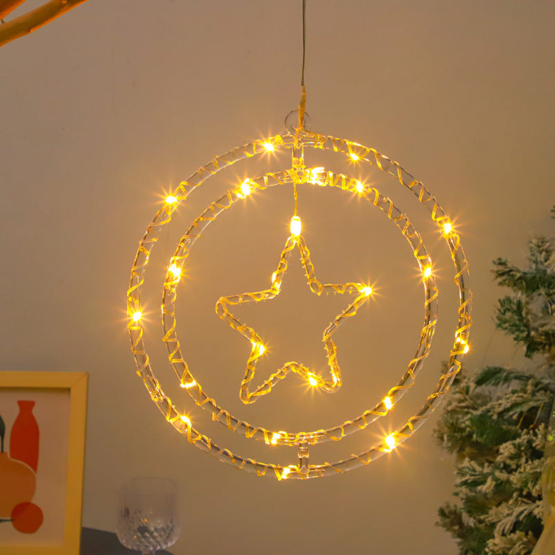 Quntis Christmas Double Ring Solar LED String Lights – Christmas Tree Shape Atmosphere Lights with Star Design, Outer Diameter: 12.60 inches, Inner Ring Diameter: 10.24 inches